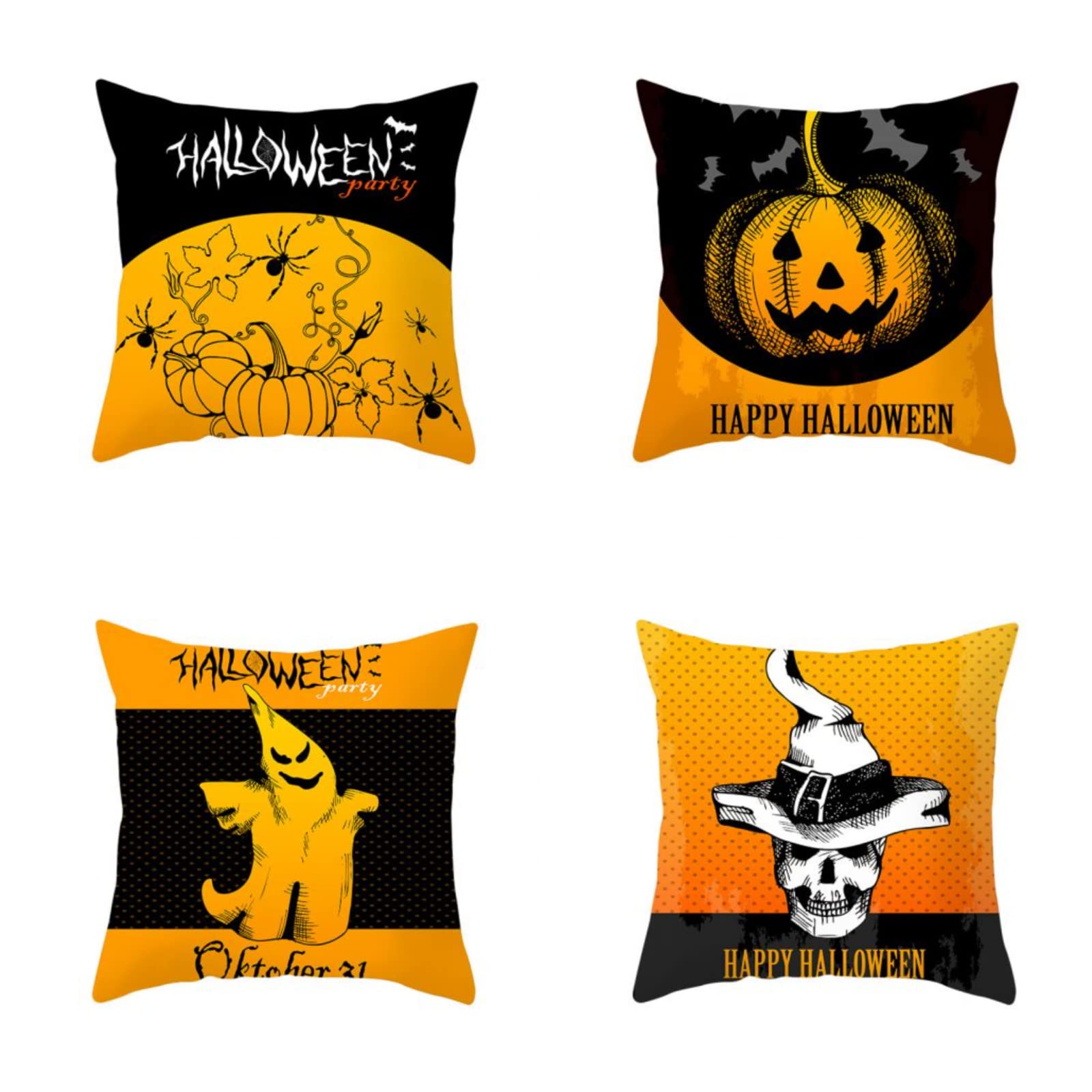 Halloween Pillowcases 18x18 Inch 4-Pack - Ghost & Pumpkin Print Peach Skin Pillow Covers for Halloween Decor, Bedroom & Living Room Home Decorations