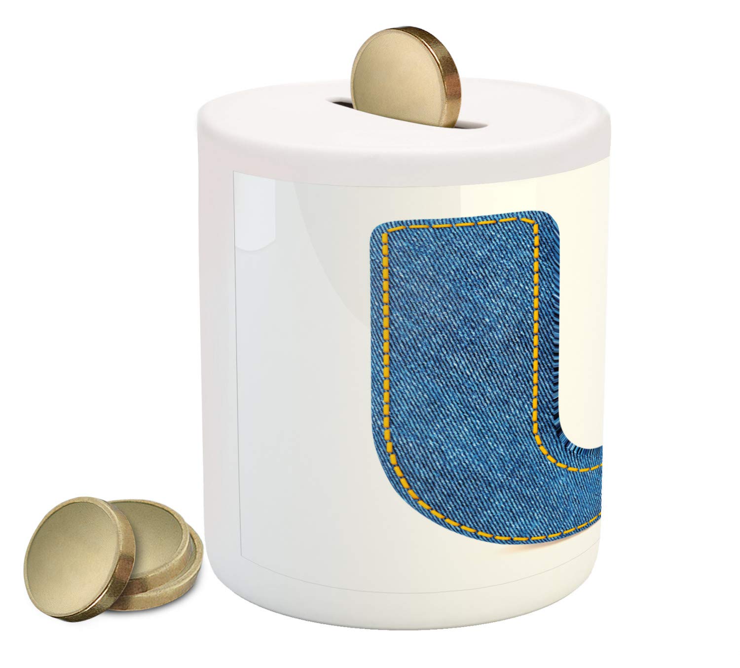 Ambesonne Ceramic Piggy Bank with Letter U Design - Denim Alphabet Coin Bank with Realistic Stitch Texture for Cash Saving - Blue & Yellow Money Box for Kids Room Decor & Birthday Gifts