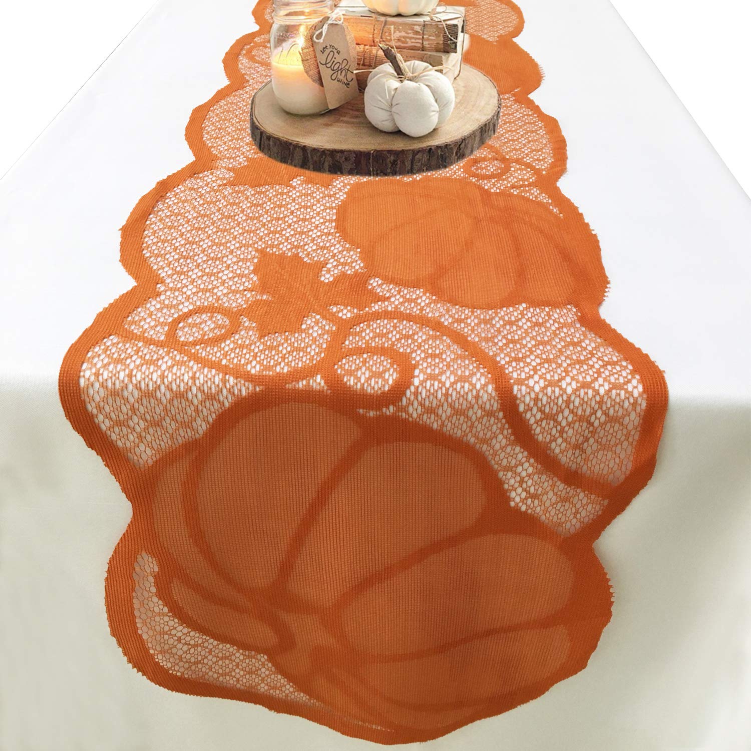 72 Inch Orange Lace Pumpkin Table Runner for Fall & Thanksgiving Decor - Perfect for Dining Table, Buffet, and Holiday Centerpiece Decorations
