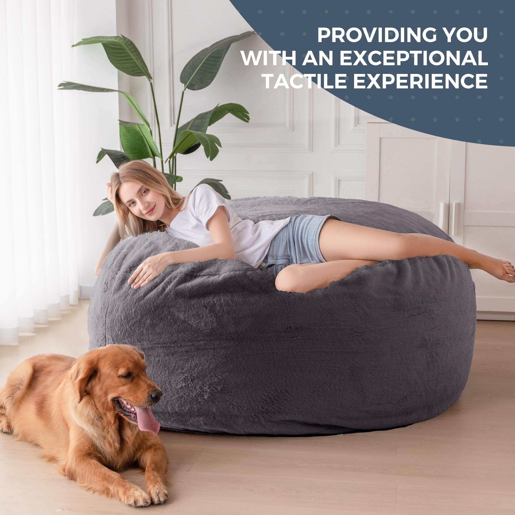 MAXYOYO Giant Faux Fur Bean Bag Chair - Convertible to Floor Mattress Bed | Dark Grey | Ultra Soft Lounge Chair for Living Room, Bedroom & Dorm | Perfect for Relaxing, Gaming & Sleepovers