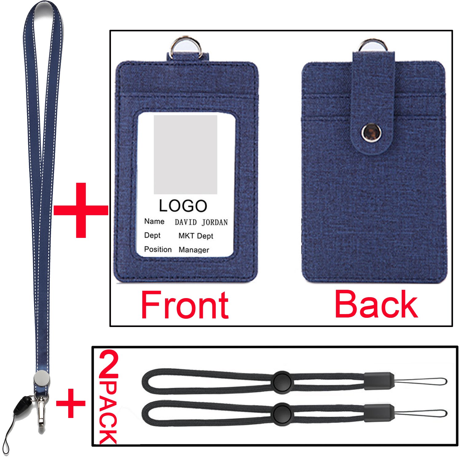YOUOWO Adjustable Neck Lanyard with PU Leather ID Badge Holder - 2-Sided Vertical Design, 1 Window & 2 Card Slots for Office & Events (Deep Blue)