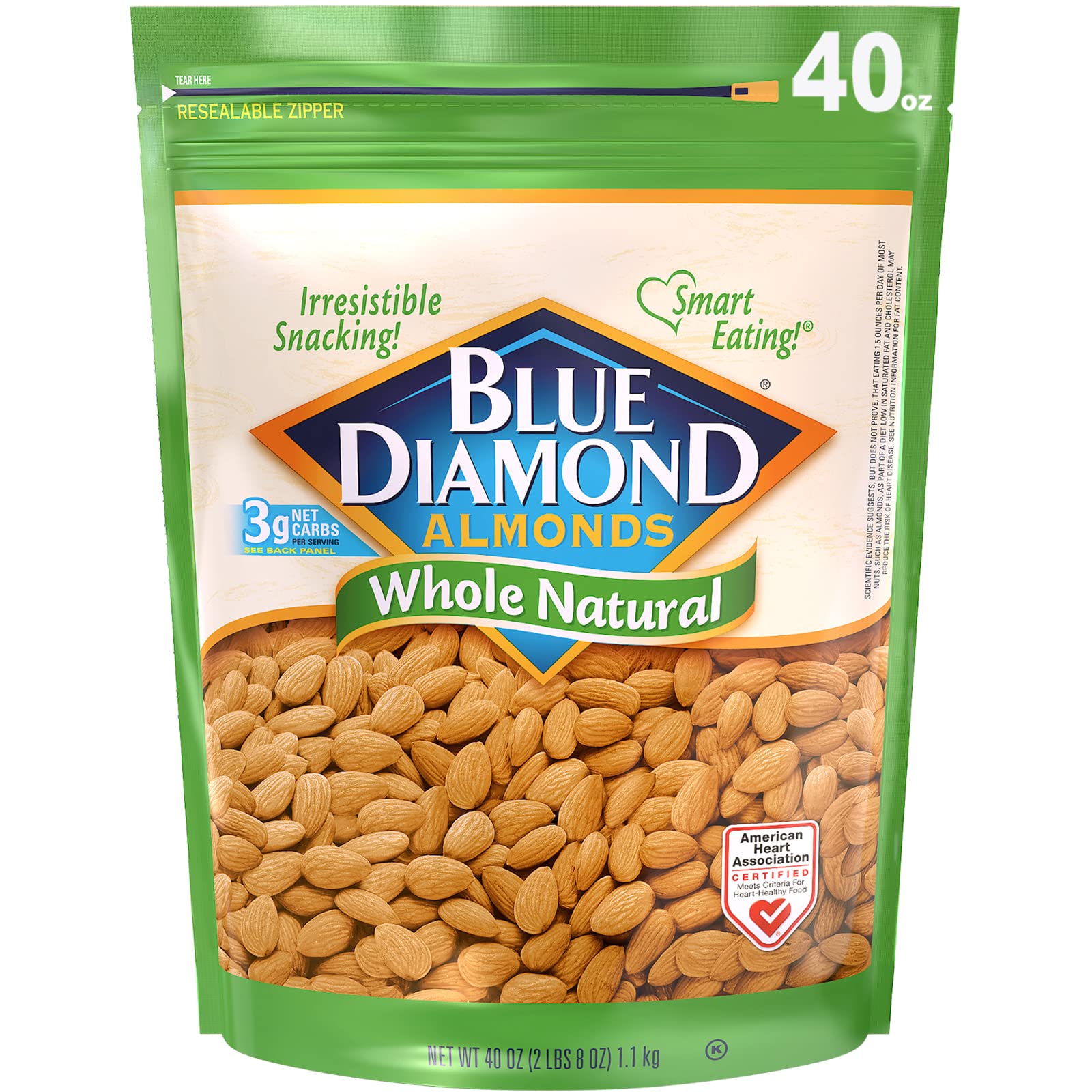 Premium Blue Diamond Whole Natural Raw Almonds - 40oz Resealable Bag (Pack of 1) | Healthy Snack, Baking Ingredient & Cooking Essential | Perfect for Keto, Vegan & Gluten-Free Diets