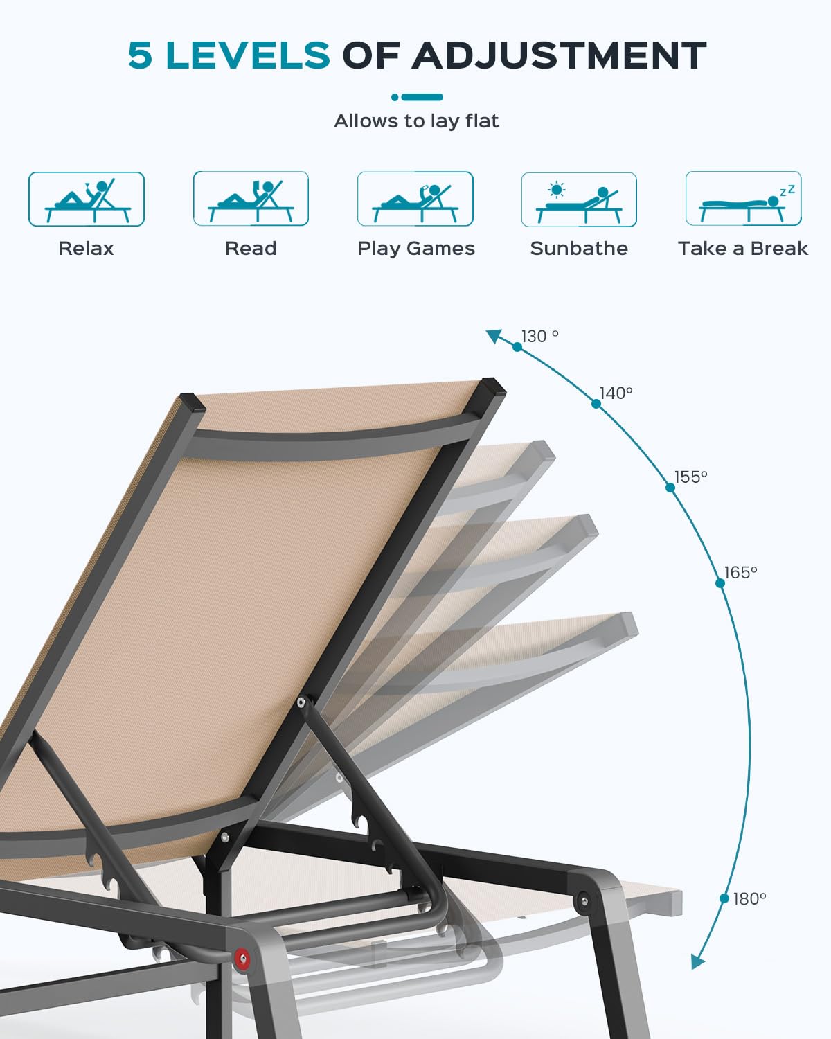Foldable Aluminum Chaise Lounge Chair - 5 Adjustable Backrest Outdoor Patio Furniture for Poolside, Beach & Backyard Relaxation - Lightweight & Easy Assembly Free Design (Khaki) - Perfect for Sunbathing, Lounging by the Pool or Beach Vacation