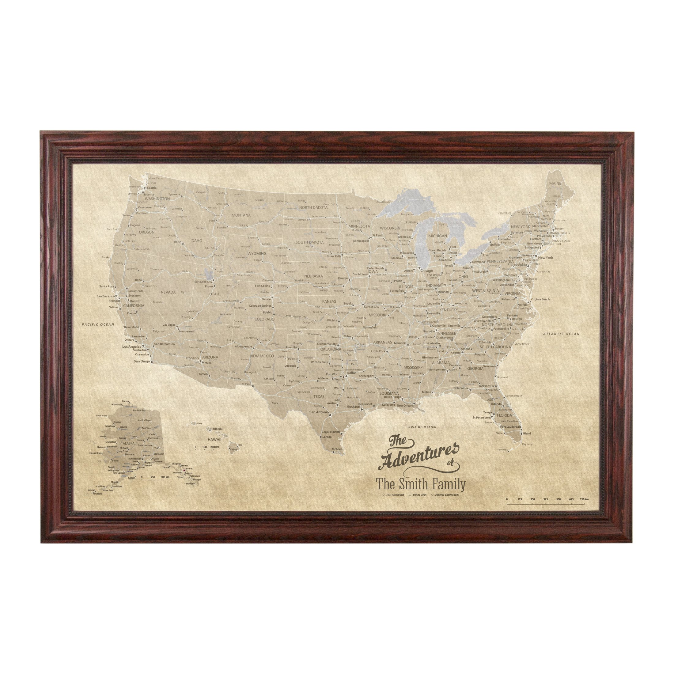 Personalized Vintage USA Push Pin Travel Map - Canvas Wall Art with Solid Wood Cherry Red Frame - Perfect for Home Decor, Office, and Travel Enthusiasts