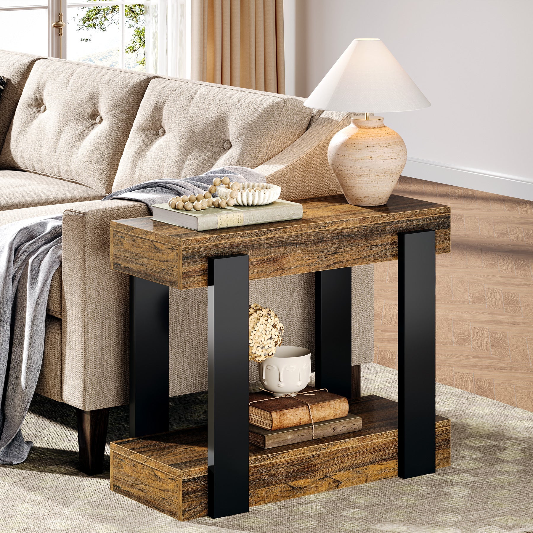 2 Tier End Table - Rustic Wood Farmhouse Side Table for Living Room, Bedroom & Office - Sturdy Nightstand with Storage Shelf for Home Decor