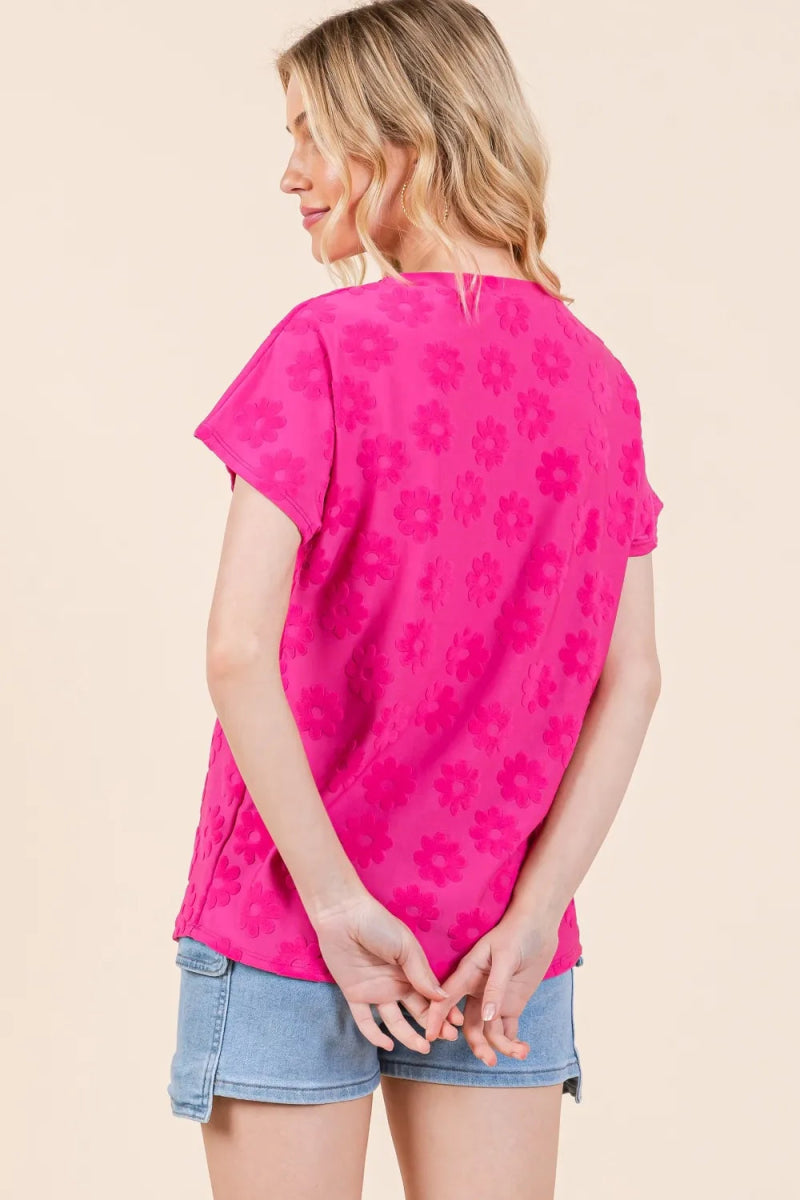 BOMBOM Women's Textured Floral Print Short Sleeve T-Shirt - Casual Summer Top for Outfits, Beach & Date Nights
