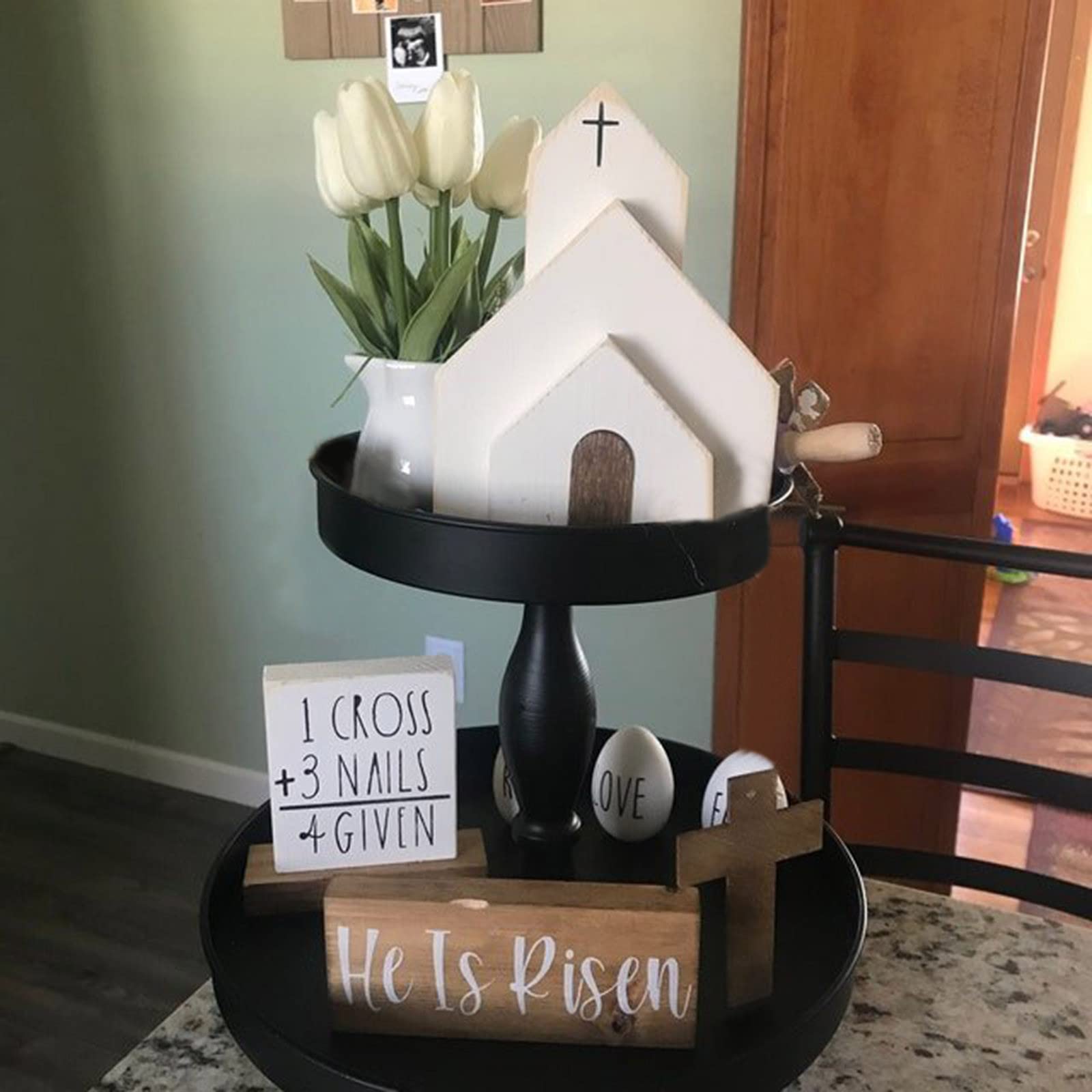 Pavxnon 4-Piece Wooden Easter Tiered Tray Decor Set - 'He is Risen' Rustic Jesus Cross Signs - Spring Table Centerpiece for Home, Church & Holiday Decorations (Tray Not Included)