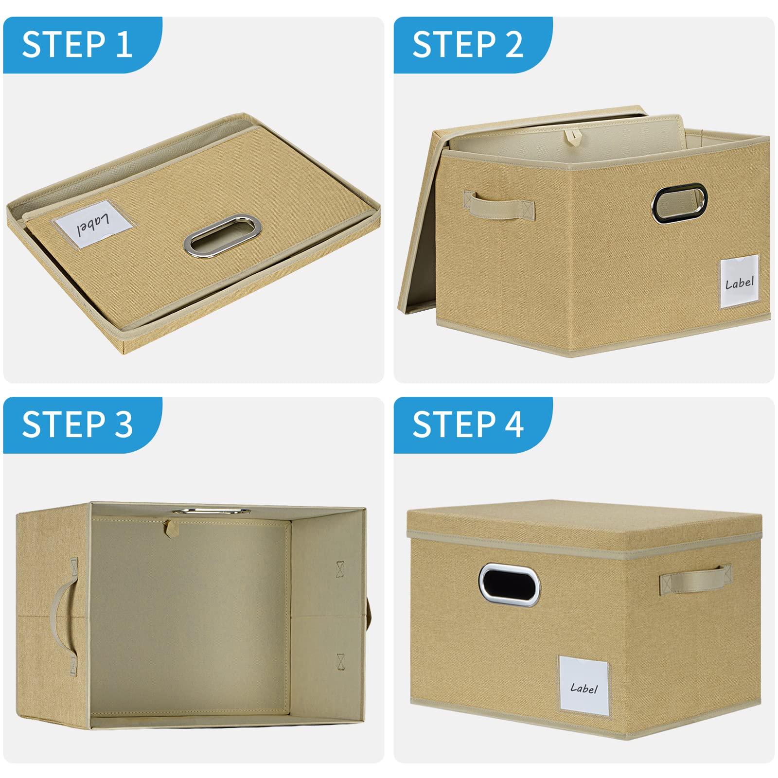 LHZK 6-Pack Large Foldable Fabric Storage Bins with Lids - Sturdy Linen Closet Organizers with Labels & 3 Handles for Shelves, Bedroom, Home Office - Perfect for Seasonal Clothes, Toys & Home Organization (Beige, Large)