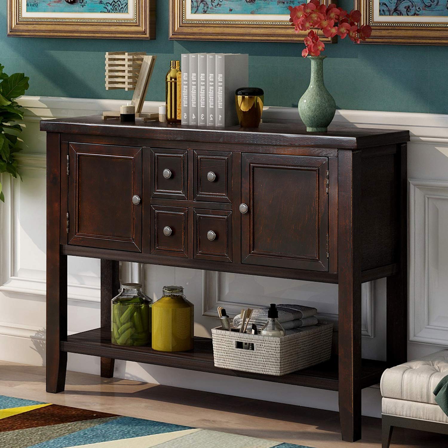 P PURLOVE Dark Espresso Console Table with Storage Drawers & Cabinets - Entryway Sofa Table, Buffet Sideboard for Living Room, Hallway & Dining Room Furniture