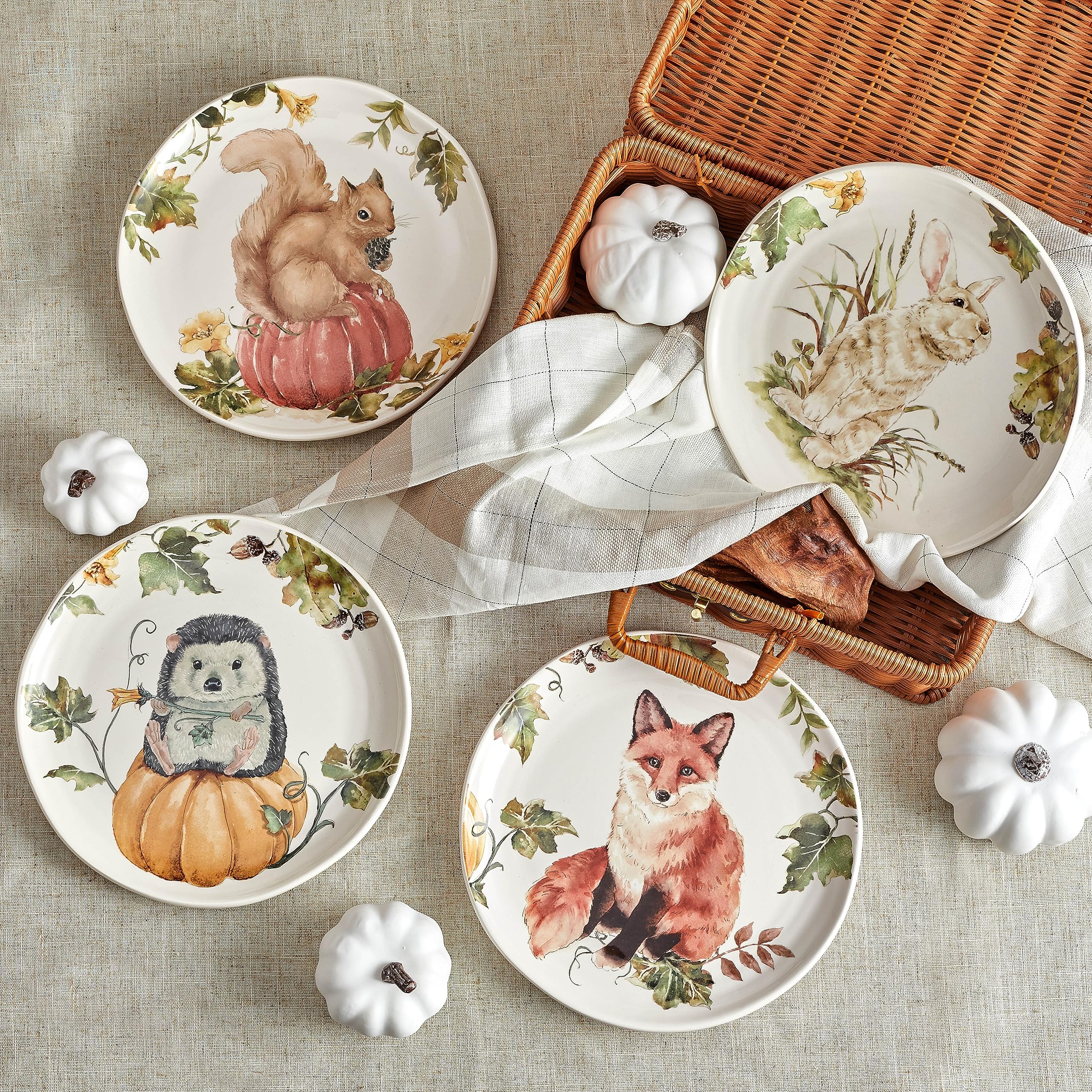 Bico Woodland Critters Ceramic Salad Plates Set of 4 - 8.75 Inch Dinnerware for Salad, Appetizers, Desserts | Microwave & Dishwasher Safe | Perfect for Family Dinners, Picnics & Party Serving