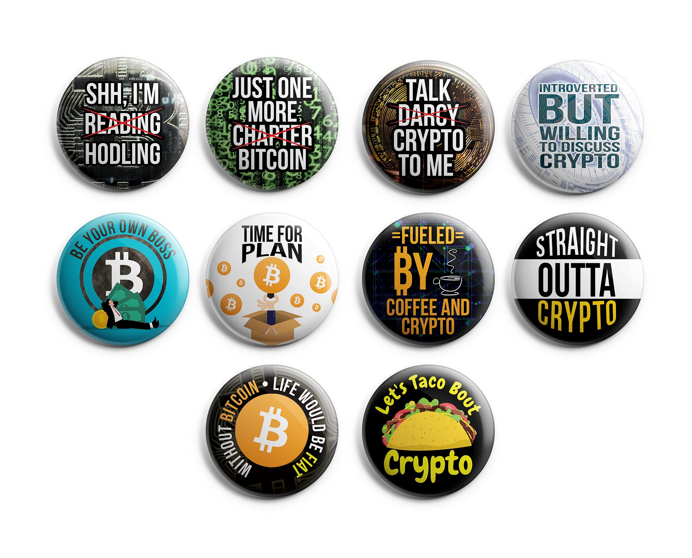 Funny Cryptocurrency Pinback Buttons Set of 10 - Cool Crypto Collectibles for Students & Kids - Perfect for Classroom Rewards, Stocking Stuffers & Party Favors - Great Gift for Teens & Children in School, Birthday Parties & Crypto Enthusiasts