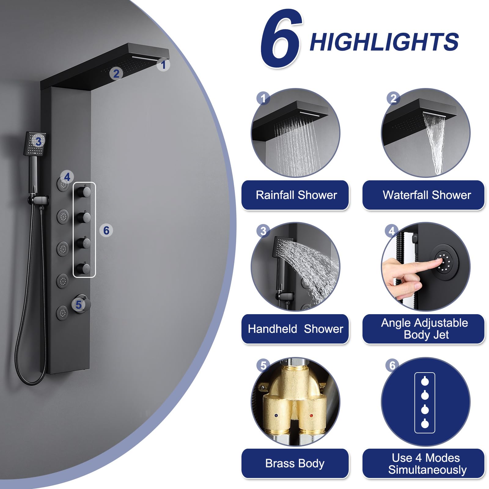 ROVATE 4-in-1 Matte Black Shower Panel Tower System with Rainfall Shower Head, Waterfall, Body Jets & Handheld Spray - High Pressure Stainless Steel Shower Column for Luxurious Spa Experience at Home