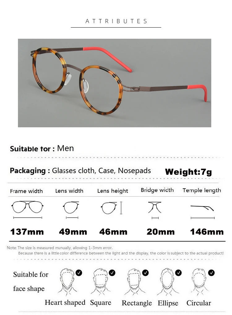 Unisex Full Rim Round Screwless Titanium Acetate Eyeglasses Frame 4620 - Lightweight Durable Glasses for Men & Women - Perfect for Reading, Work, and Everyday Wear