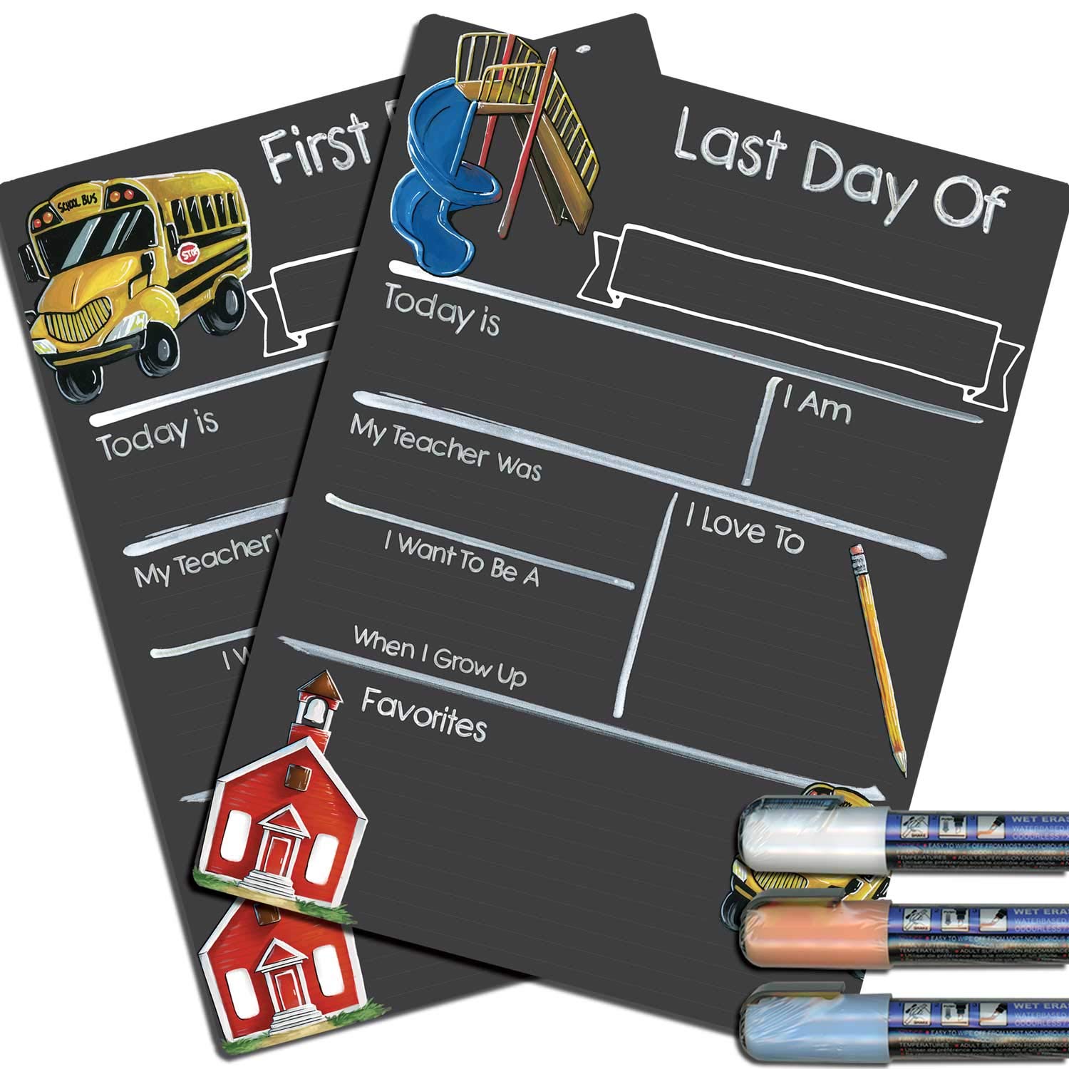 First and Last Day of School Chalkboard Milestone Boards - 9x12 Inch Schoolhouse Theme with Reusable Chalkboard Surface & 3 Pastel Markers | Perfect for Preschool, Kindergarten & Elementary School Memories, Photo Props, Classroom Decor