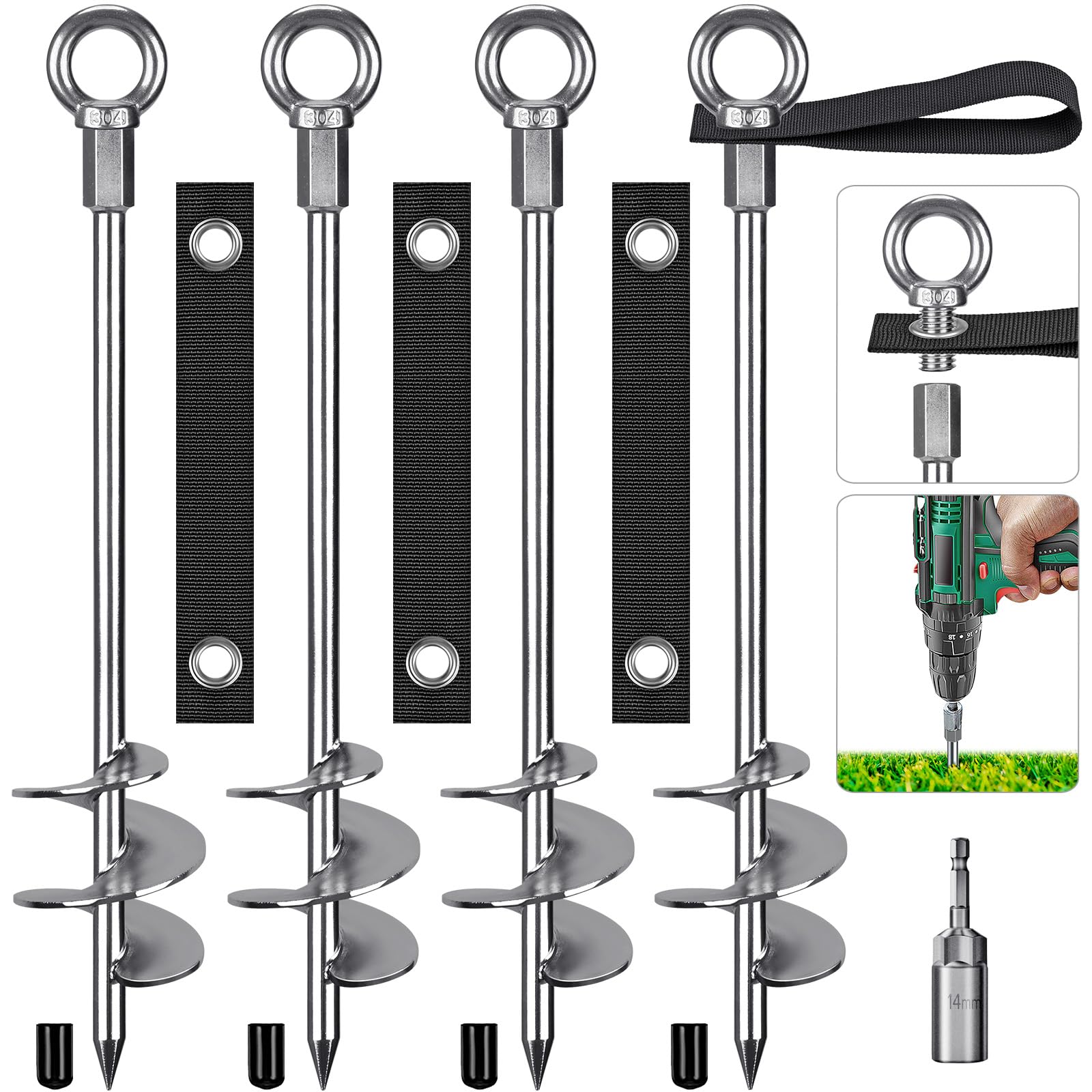 Heavy Duty 18'' Fully Welded Spiral Ground Anchors - 4 Pack Wind Resistant Earth Anchors with Straps for Swing Sets, Trampolines, Sheds, Carports | Secure Animals, Trees, Tents & Outdoor Structures in Storms & High Winds