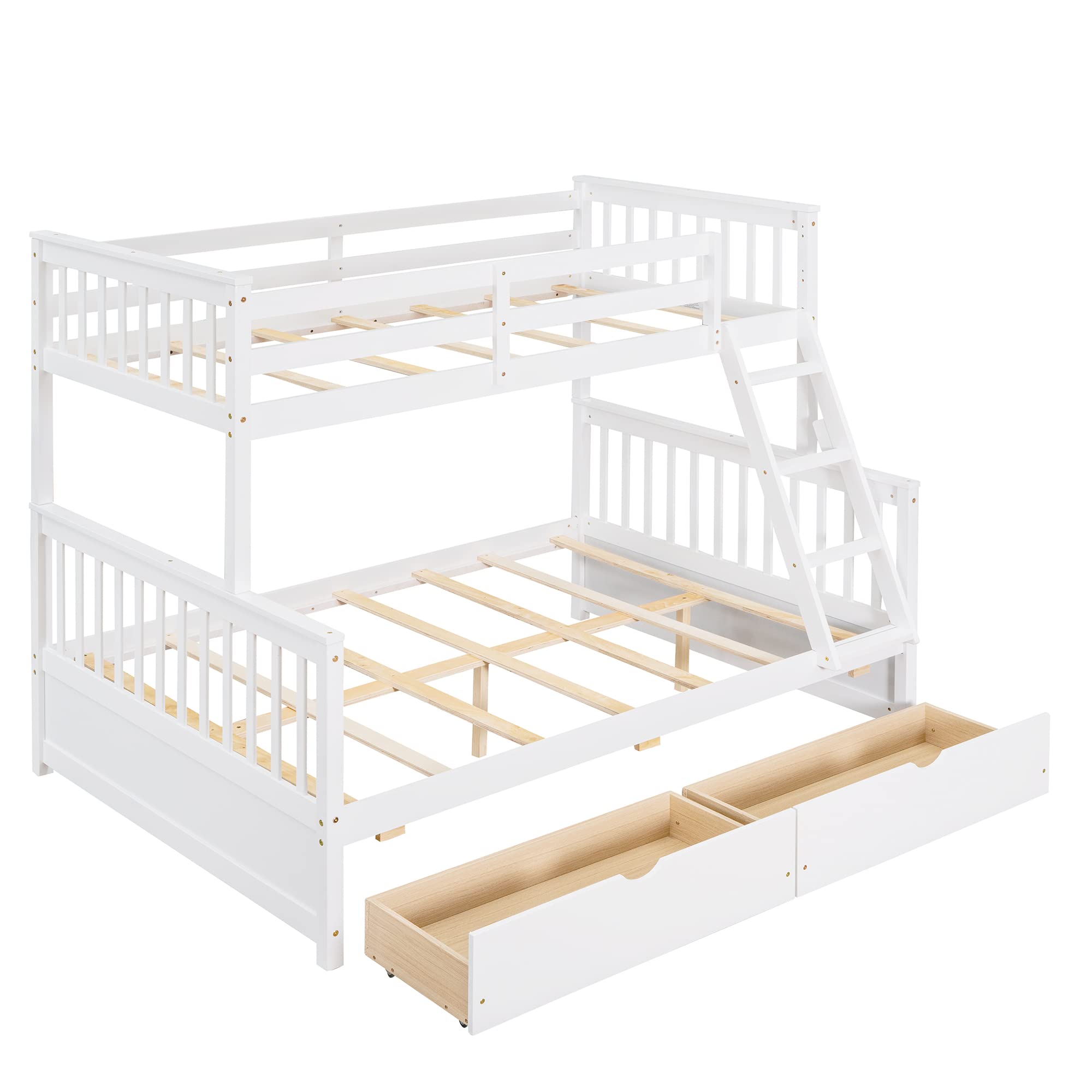 Twin Over Full Bunk Bed with 2 Storage Drawers - Solid Wood Bunk Bed Frame with Guardrails & Ladder for Kids, Teens & Adults - No Box Spring Needed - White - Perfect for Small Bedrooms, Guest Rooms & Vacation Homes