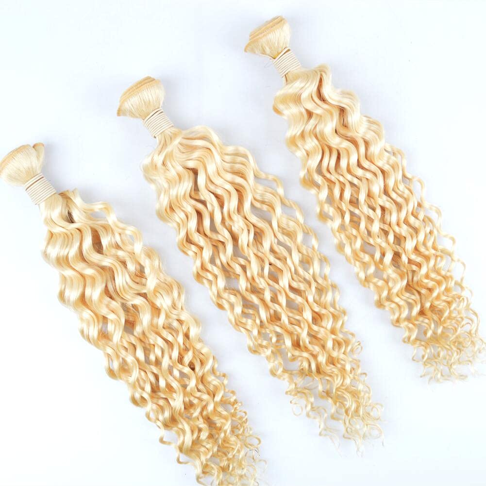 613 Blonde Deep Curly Human Hair Weave Extensions - 3 Bundles (12