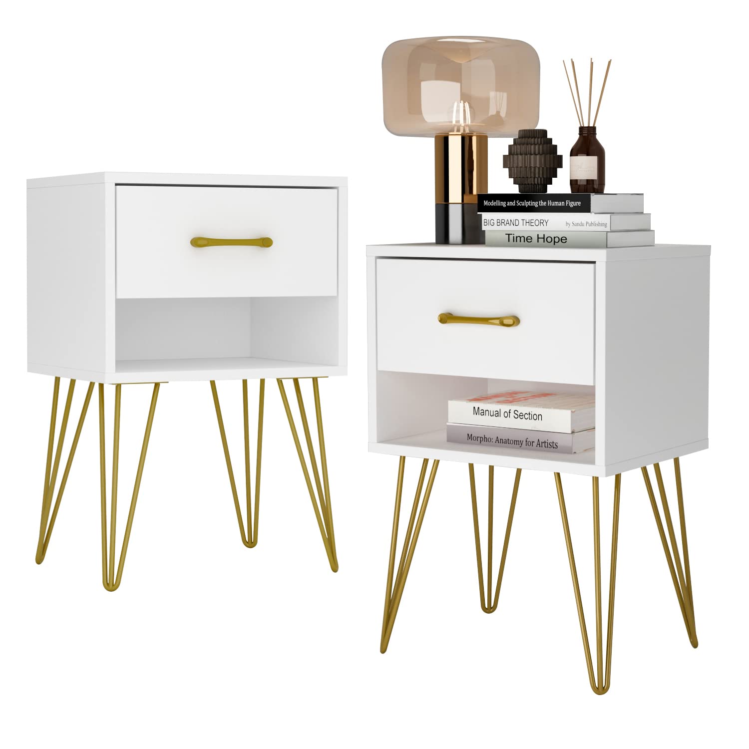 ECACAD Nightstands Set of 2 - Modern Bedside Tables with 1 Drawer & Shelf, Minimalist White End Tables with Sturdy Metal Legs for Bedroom, Living Room (15.7”W x 11.8”D x 23.6”H) - Perfect for Small Spaces, Apartment Furniture & Nightstand Storage Solutions