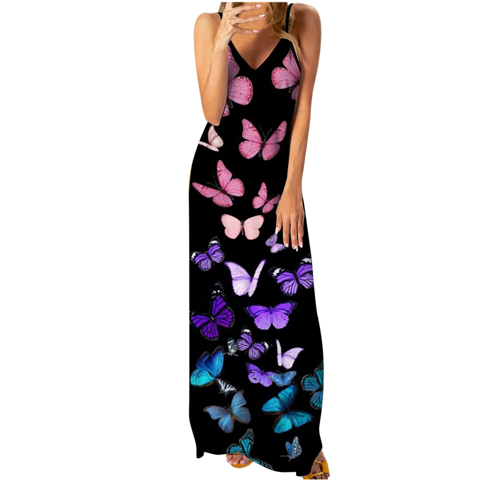 Women's Summer Sundress 2022 - Sleeveless V-Neck Bohemian Floral Print Beach Dress with Butterfly Design | Perfect for Vacations, Pool Parties & Casual Outings
