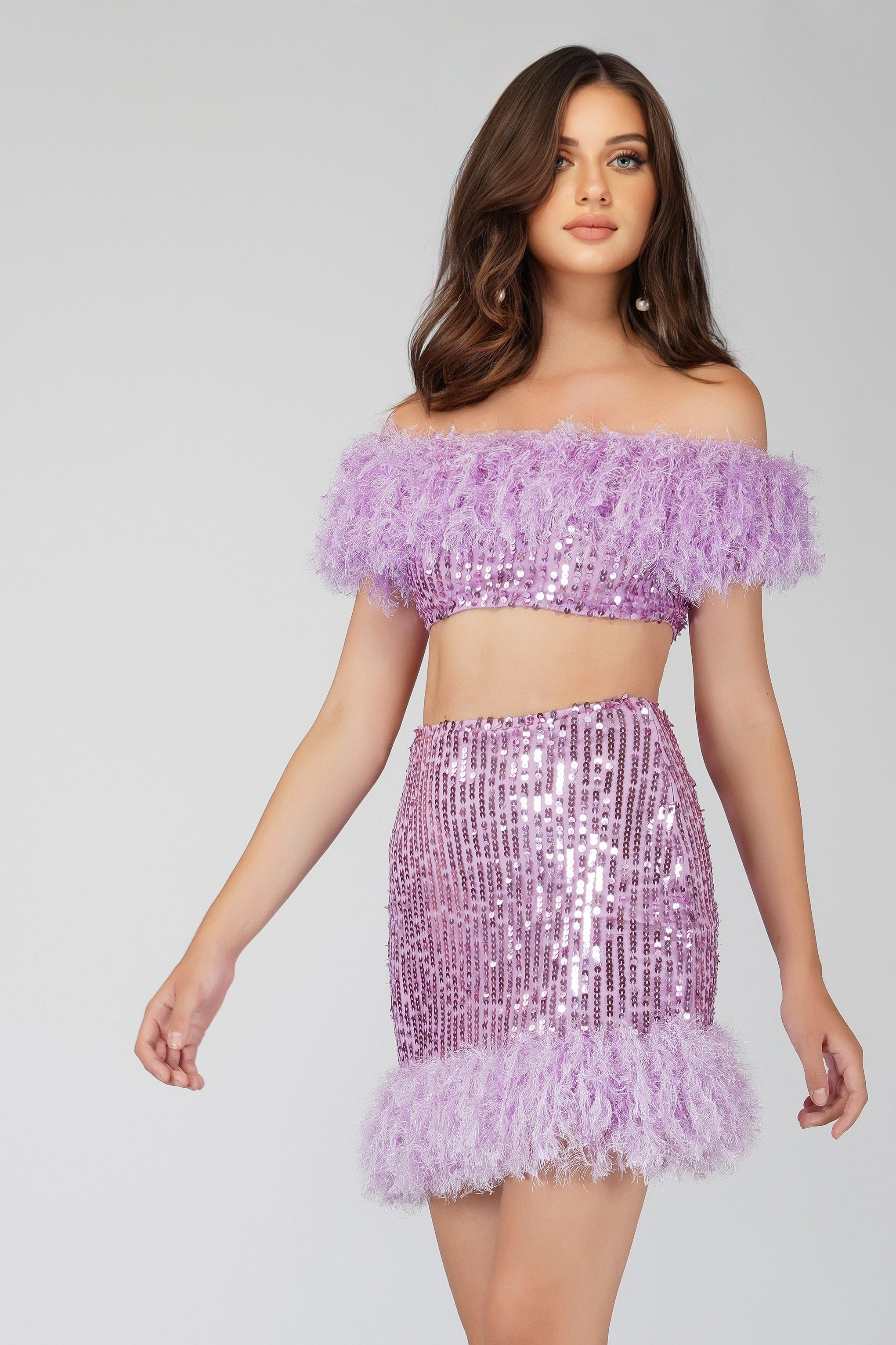 Zuri Sequin Lilac Purple Feather Top for Women - Glamorous Party Blouse for Night Out, Clubwear, and Special Occasions