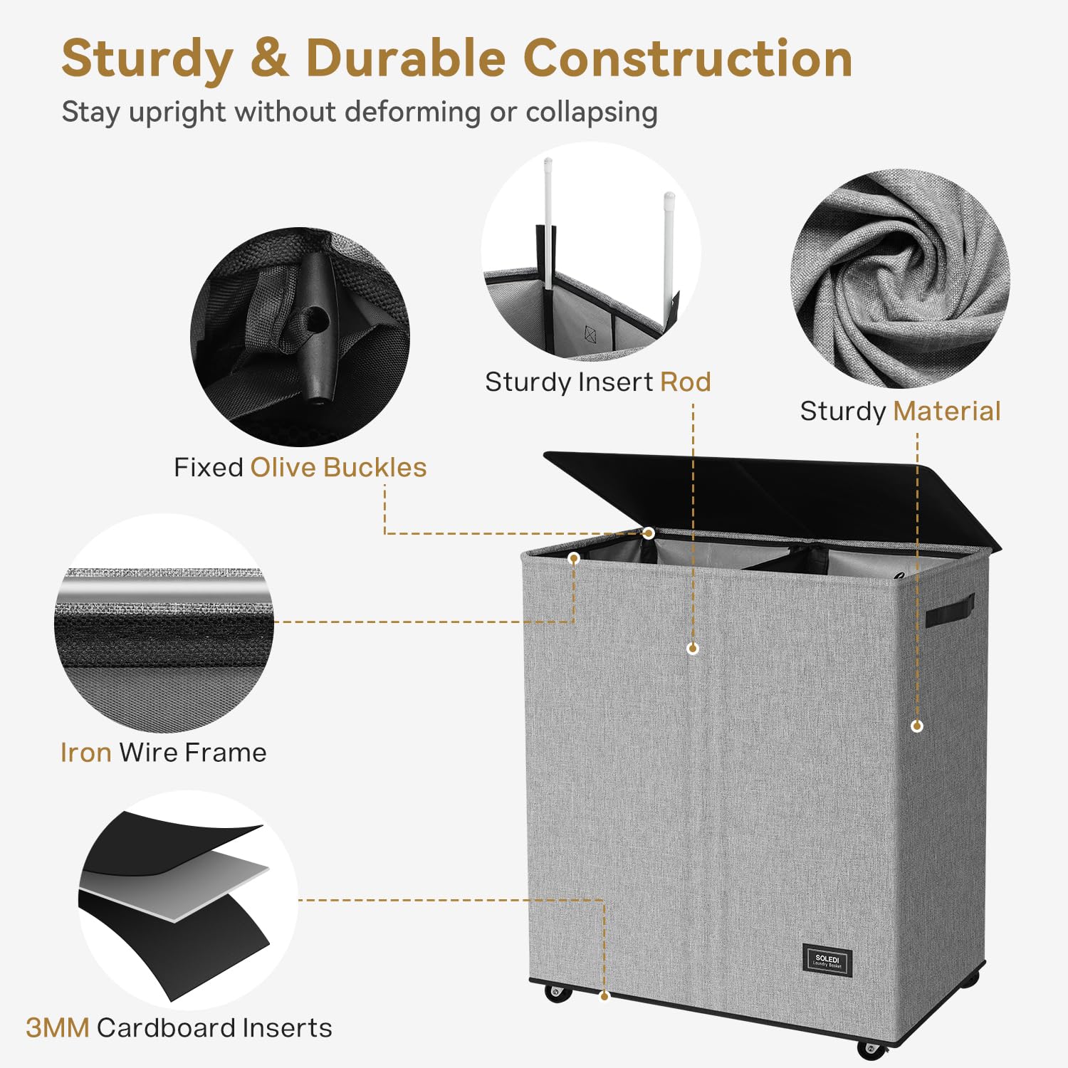 SOLEDI 145L Rolling Laundry Basket with Wheels - 2 Section Laundry Hamper Organizer with Removable Bag, Smooth Wheels for Easy Transport - Perfect for Bedroom, Laundry Room & Dorm Organization