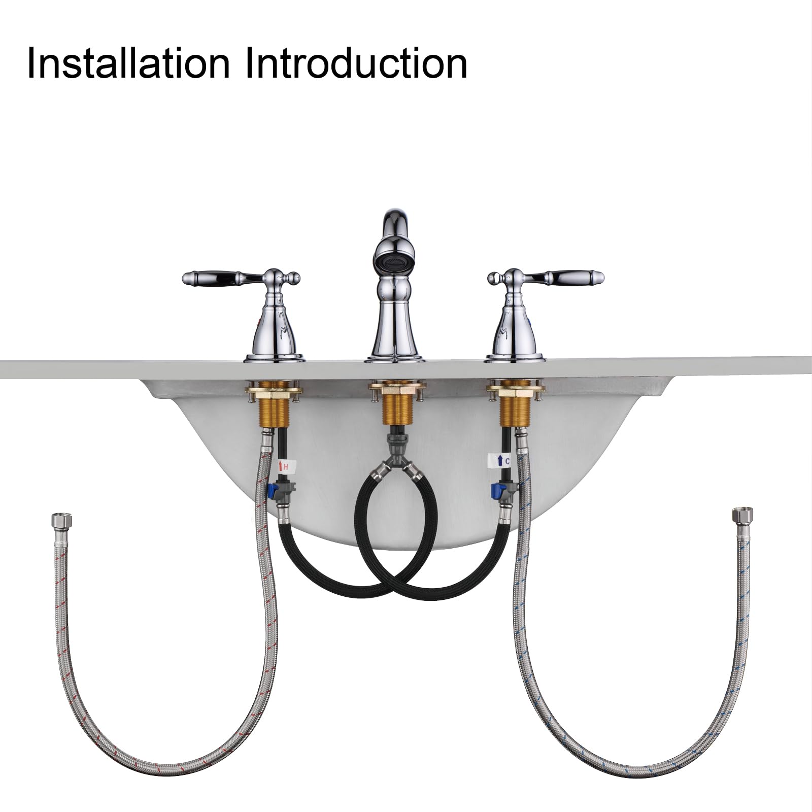RKF 8 Inch Widespread Bathroom Sink Faucet - Polished Chrome 3 Hole Vanity Faucet with Drain, Double Lever Handle & Hose - Deck Mount Basin Mixer Tap for Bathroom Vanity (Perfect for Modern Home Renovation & Spa-Like Bathroom Upgrades)