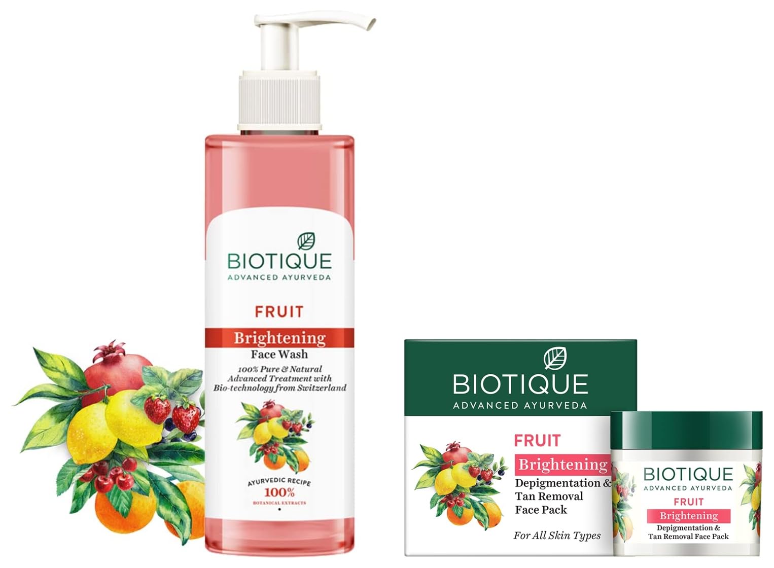 Biotique Fruit Brightening Face Wash & Depigmentation Face Pack Set - 200ml & 75gm for All Skin Types | Natural Tan Removal & Glow Boost | Daily Skincare Routine for Radiant Complexion