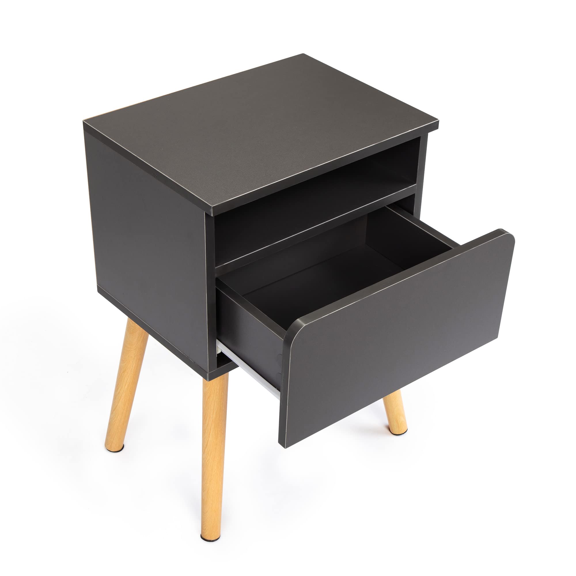 VERYKE Set of 2 Modern Wooden Nightstands - Bedside End Tables with Drawer & Open Shelf, Solid Wood Legs Accent Tables for Bedroom, Living Room & Office (Grey) - Perfect for Storing Books, Lamps & Bedroom Essentials