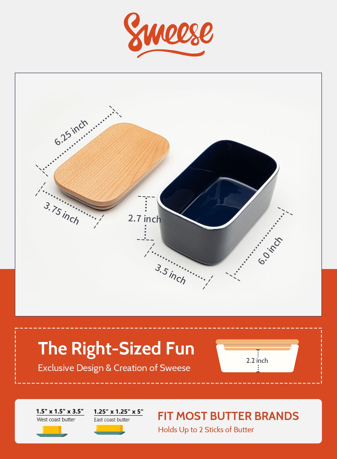 Sweese Large Airtight Butter Dish with Lid - Holds 2 Sticks of Butter, Porcelain Butter Keeper for Countertop - Perfect for Kitchen Decor & Gift (Navy) | Keep Butter Fresh for Breakfast, Baking & Cooking