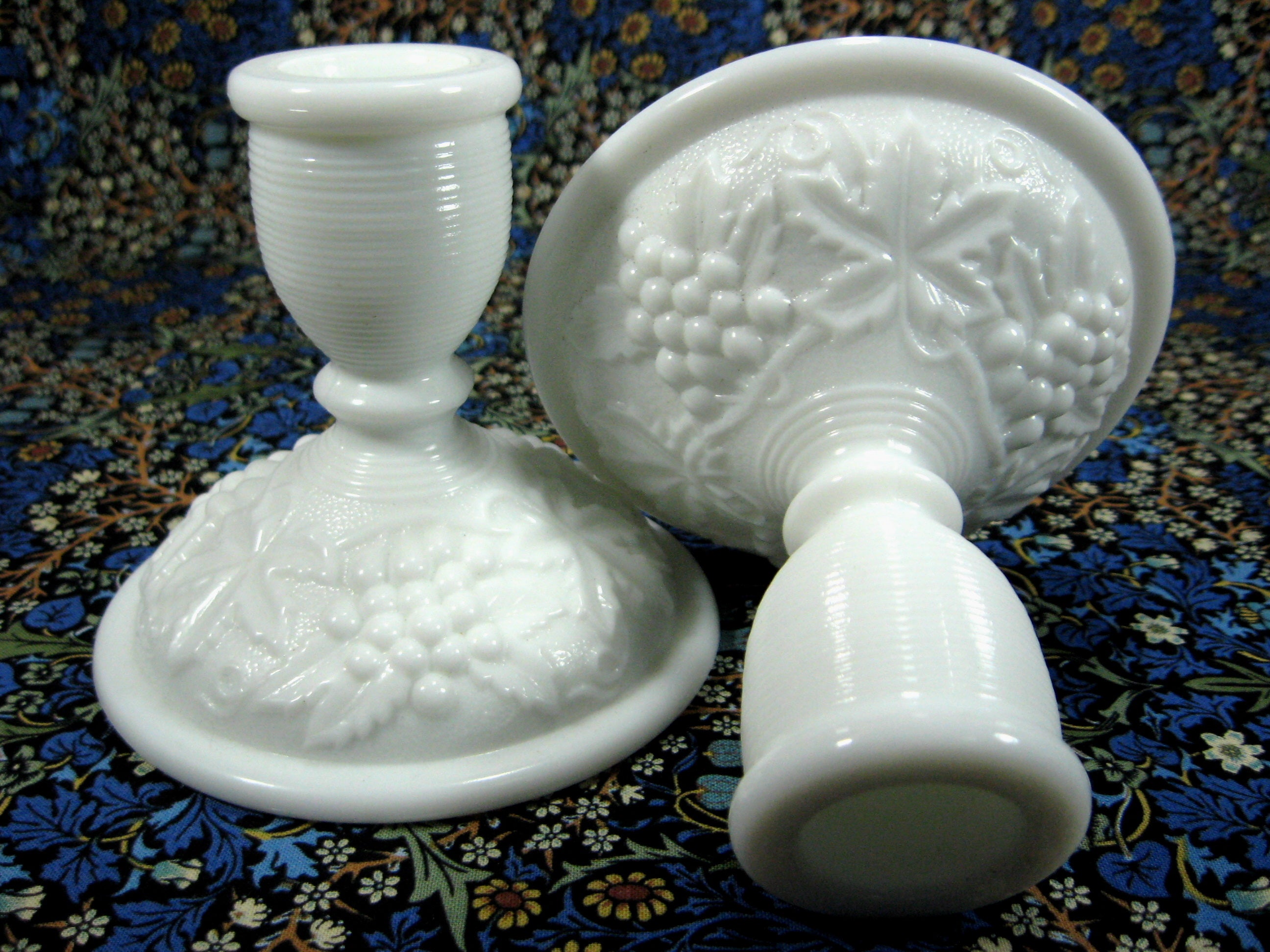 Vintage Grape Milk Glass Candle Holders Set of 2 - 1950s Imperial Glass Collectibles for Home Decor, Wedding Centerpieces & Farmhouse Table Settings