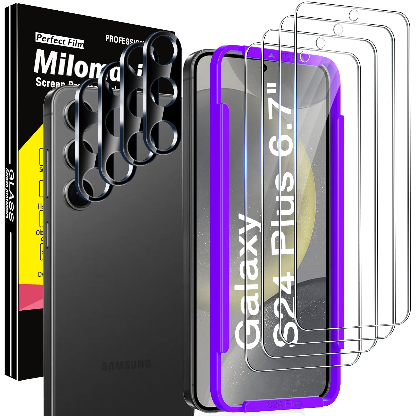 4 Pack Samsung Galaxy S24 Plus 6.7 Inch Screen Protector with 4 Pack Camera Lens Protector - 9H Tempered Glass, Case Friendly, Easy Installation Frame, 2.5D Curved Edge - Perfect for Everyday Protection & Outdoor Activities