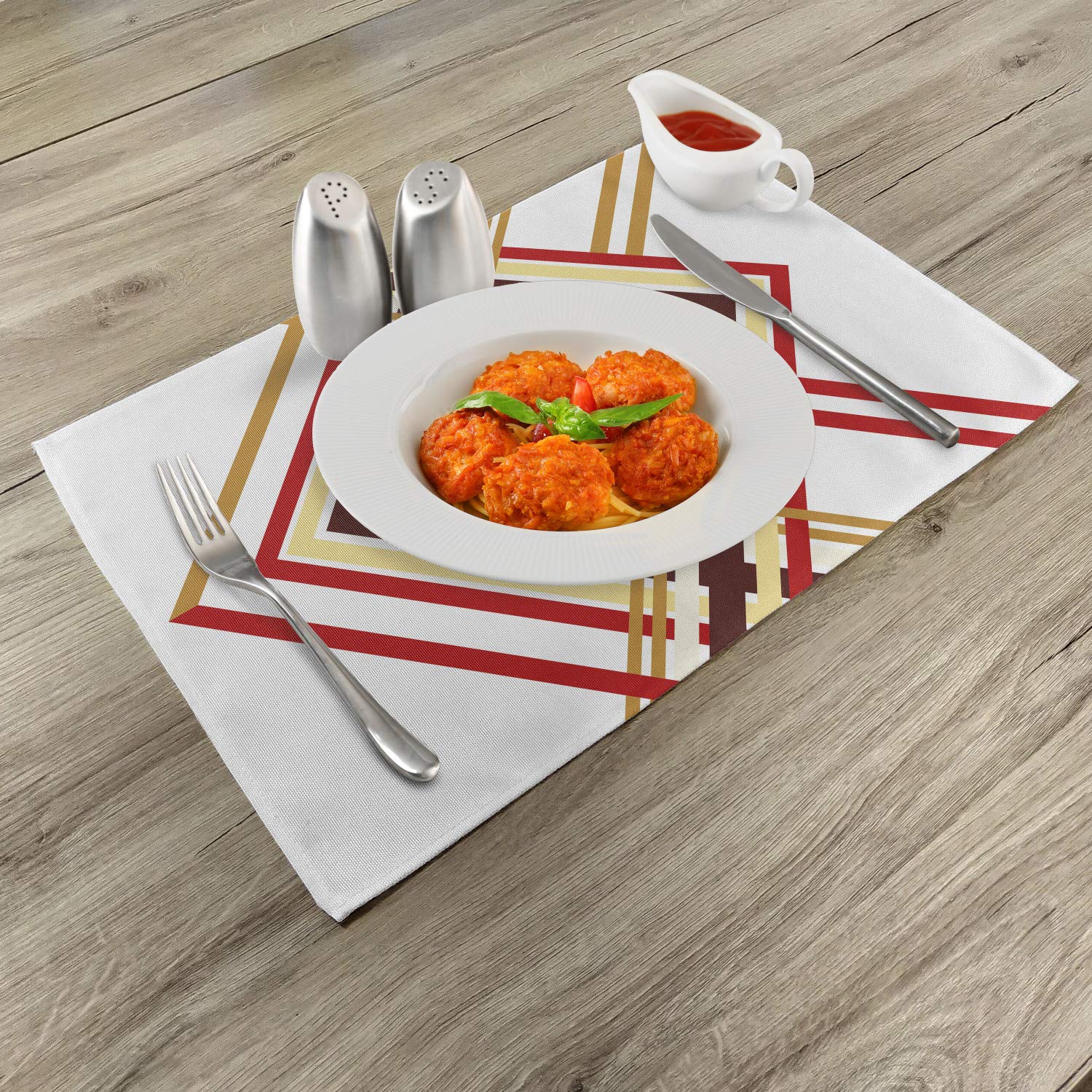 Ambesonne Modern Place Mats Set of 4 - Retro Diamond Border Geometric Design Washable Fabric Placemats for Dining Table & Kitchen Decor in Ruby Caramel Brown & Tan | Perfect for Dinner Parties, Holiday Meals & Everyday Use