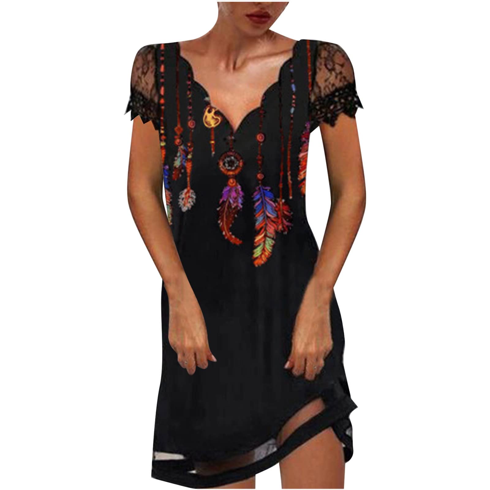 Sexy Casual Wave-Neck Print Mini Dress with Hollow Out Sleeves - Women's Fashion Summer Dress for Party, Date Night & Vacation Outfits