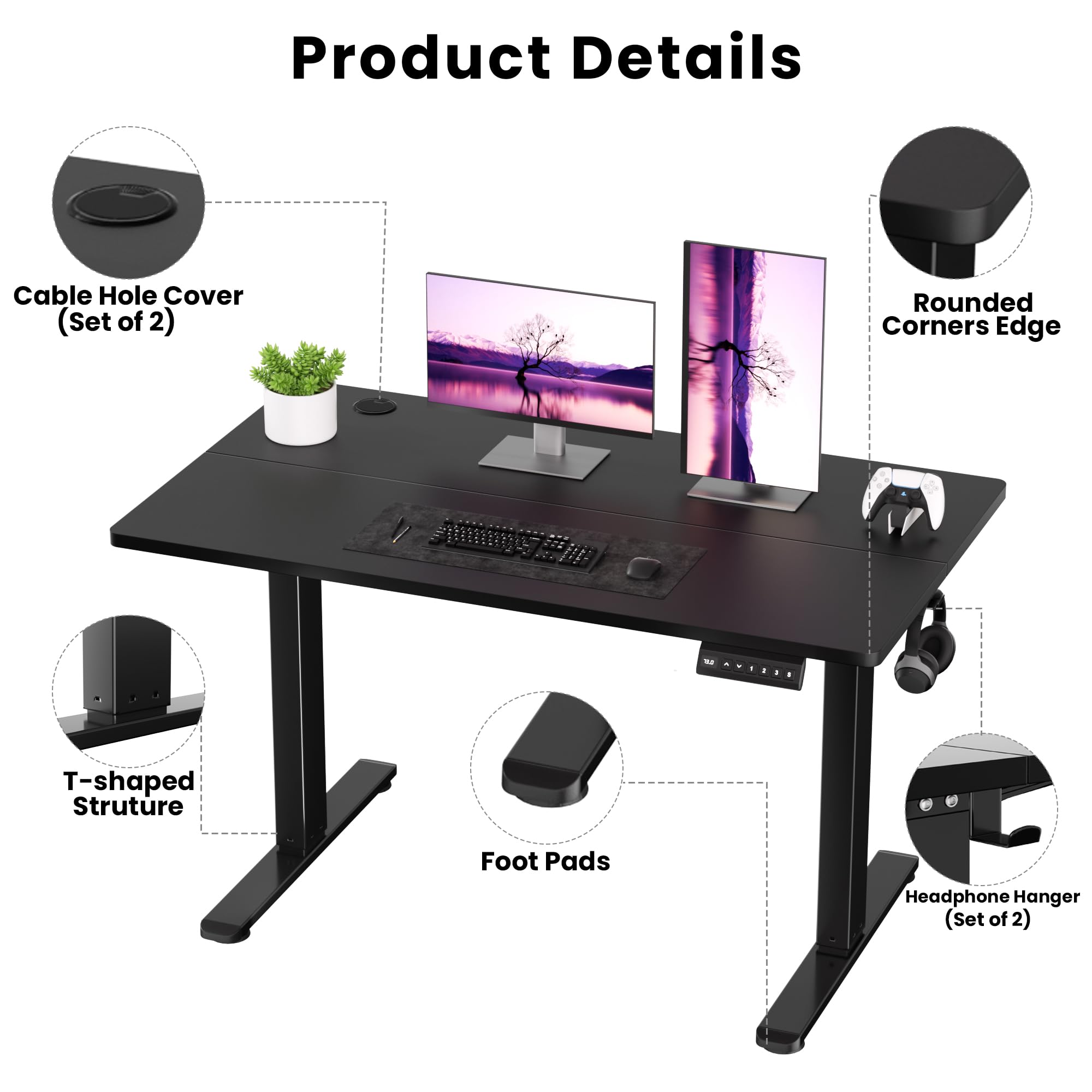 Adjustable Electric Standing Desk 48 x 24 Inches - Memory Height Sit Stand Desk for Home Office with Hook, Black | Ergonomic Workspace Solution for Productivity & Comfort