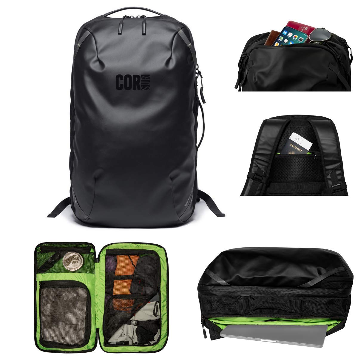 **COR Surf Travel Backpack - 38L Flight Approved Carry-On Laptop Backpack for Men & Women with Secret Passport Pockets | Water-Resistant Large Daypack, Business Weekender & Island Hopper Luggage (Black) - Perfect for Air Travel, Commuting & Outdoor Adventures**