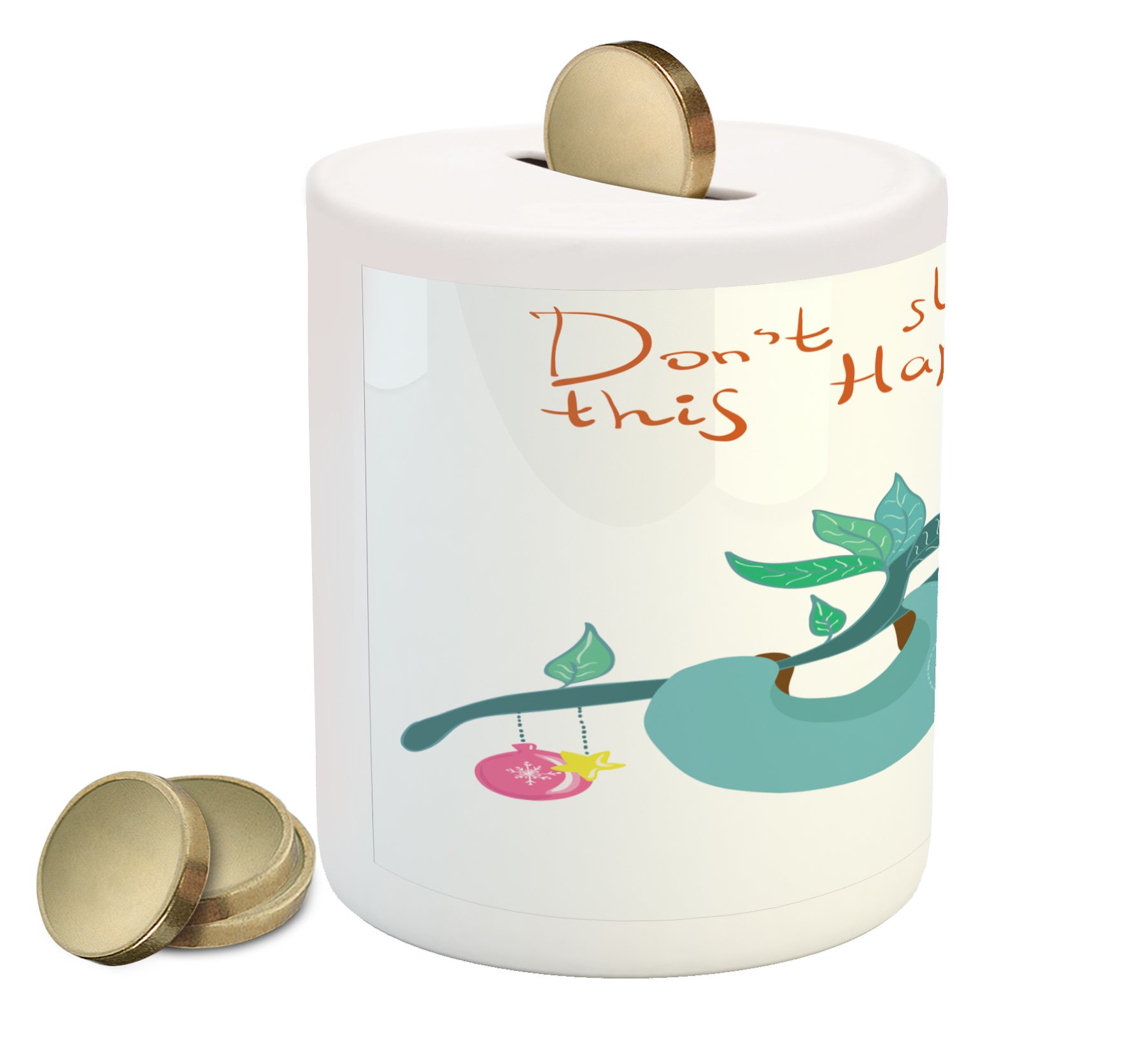 Ambesonne Sloth Piggy Bank - Cute Ceramic Money Box with Funny Doodle Design, Christmas Tree & Holiday Phrase for Cash Savings | Perfect Gift for Kids, Teens & Animal Lovers (Multicolor)