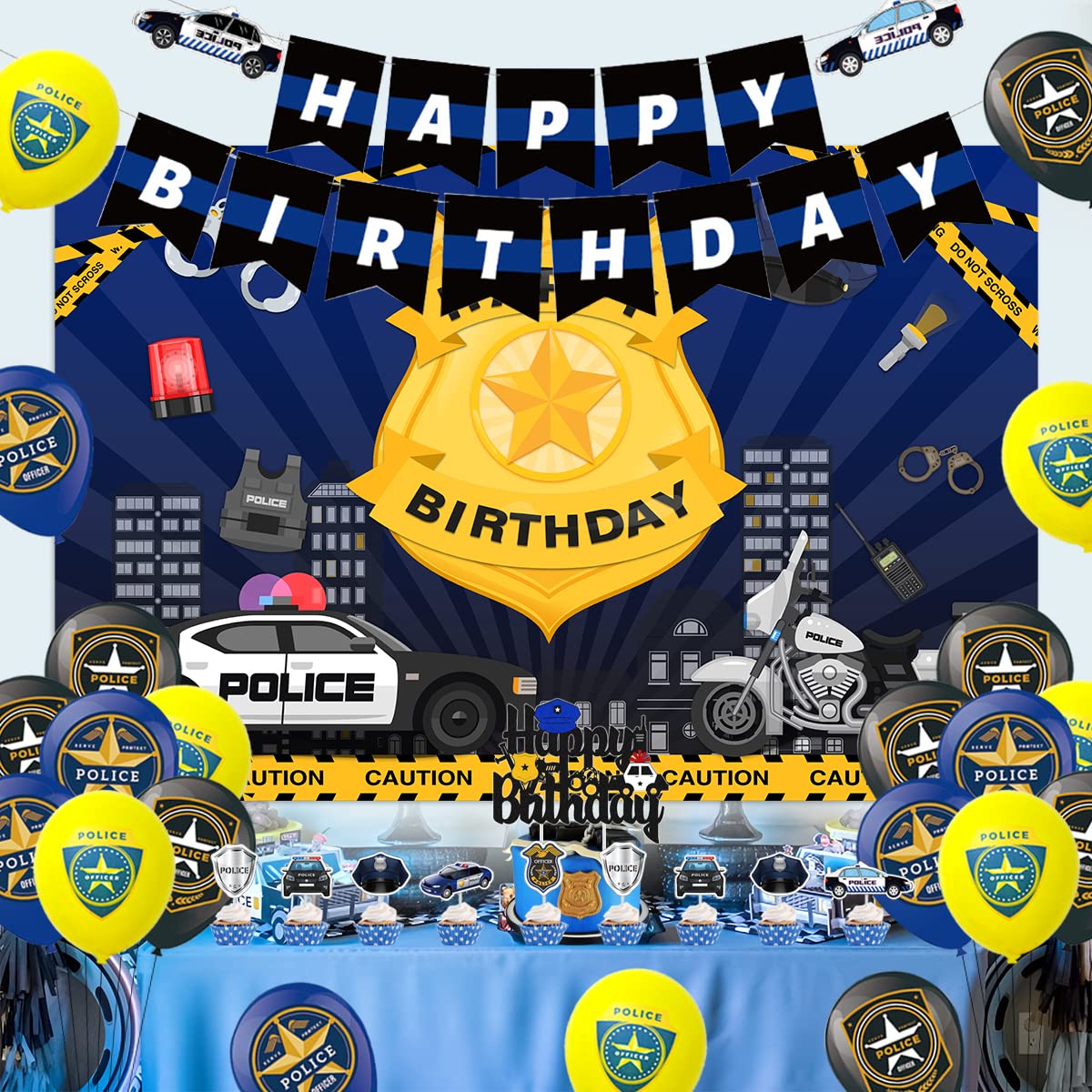 Police Birthday Party Decorations Set - Themed Balloons, Happy Birthday Banner, Backdrop & Cake Topper for Kids | Perfect for Police-Themed Birthday Celebrations & Special Events