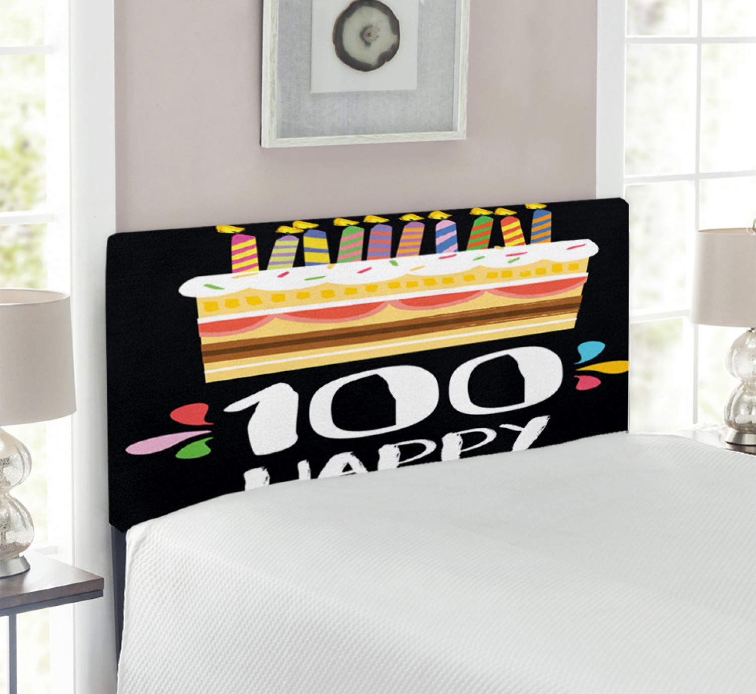 Ambesonne 100th Birthday Headboard - Twin Size Upholstered Decorative Metal Bed Headboard with Memory Foam | Old Legacy Birthday Party Cake Candles Design on Black Backdrop | Perfect for Milestone Celebrations, Bedroom Decor & Themed Parties