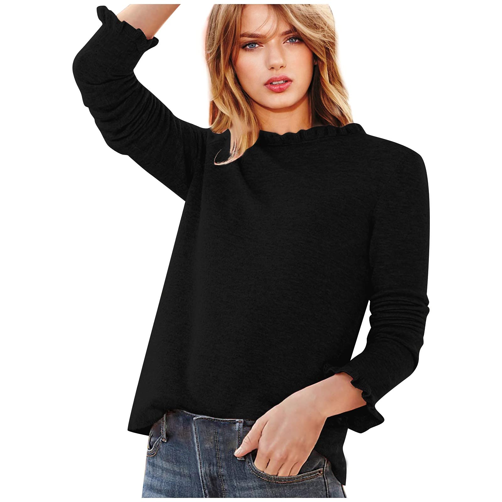 Women's Casual Long Sleeve Crewneck Ruffle Knit Pullover Sweater - Solid Color Cardigan Tunic Top for Everyday Wear, Office & Date Nights