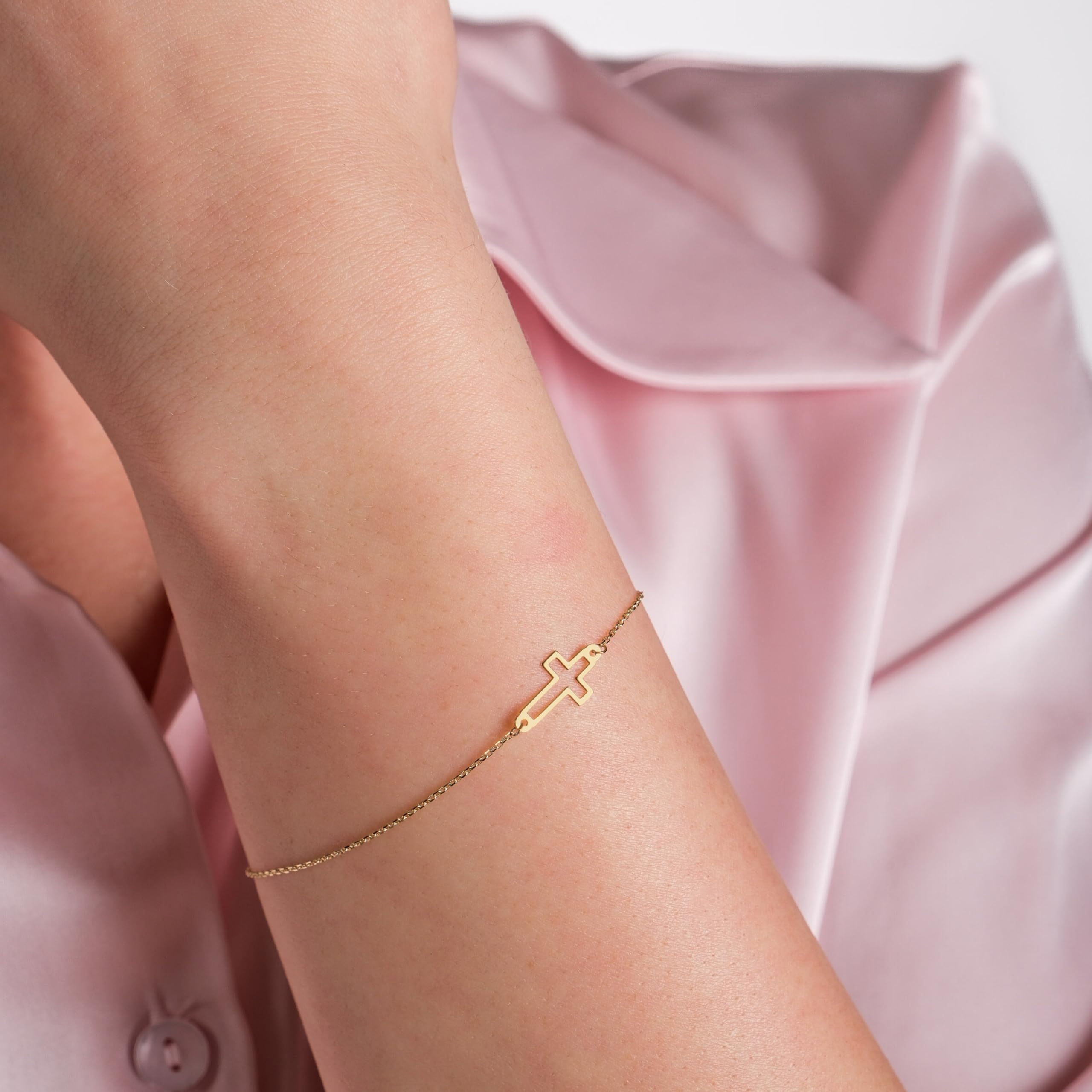 14K Solid Gold Cross Bracelet for Women, Teen Girls & Baby - Adjustable Sideways Real Gold Bracelet - Christian Baptism Gift & Everyday Jewelry - Perfect for Church, Weddings & Special Occasions