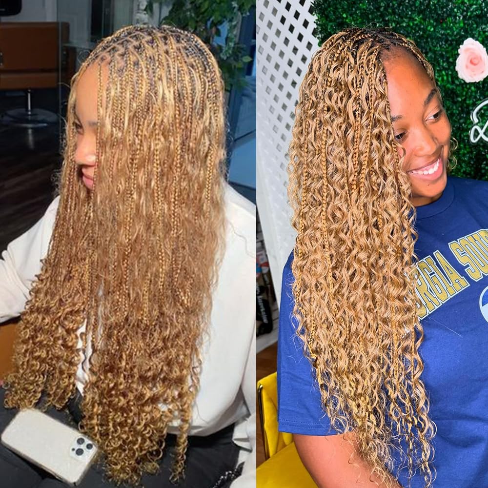 Honey Blonde #27 Crochet Boho Braids with Human Hair Curls - 24 Inch Pre-looped Box Braids with Curly Ends (80 Strands) - Perfect for Boho Chic, Festival, and Everyday Protective Hairstyles