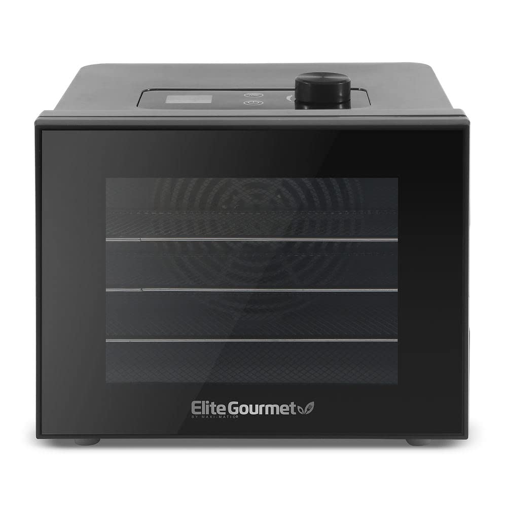 Elite Gourmet Stainless Steel Food Dehydrator with 4 Trays - Adjustable Temperature Control for Jerky, Herbs, Fruits & Vegetables - Perfect for Healthy Snacks, Camping & Meal Prep (EFD308#, Black)