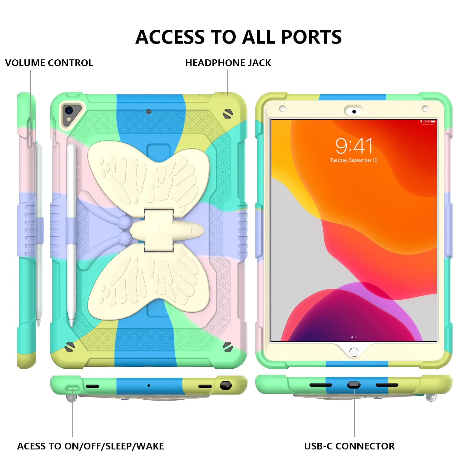 **Shockproof Silicone Kids Case for iPad 9th/8th/7th Generation 10.2 Inch (2021/2020/2019) - Cute 3D Butterfly Design with Kickstand, Durable Protective Cover for Boys & Girls (Colorful Green) - Perfect for School, Travel & Playtime**