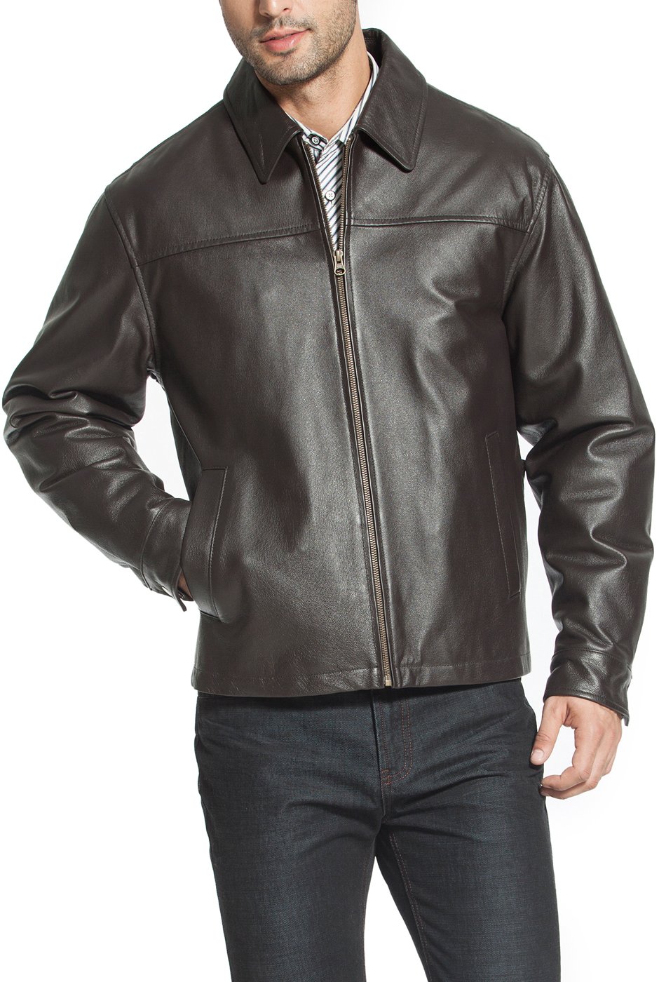 BGSD Men's Greg Open Bottom Zip Front Leather Jacket - Genuine Biker Jacket for Motorcycle Riding (Available in Tall & Regular Sizes) | Perfect for Casual Outfits, Night Out & Winter Fashion