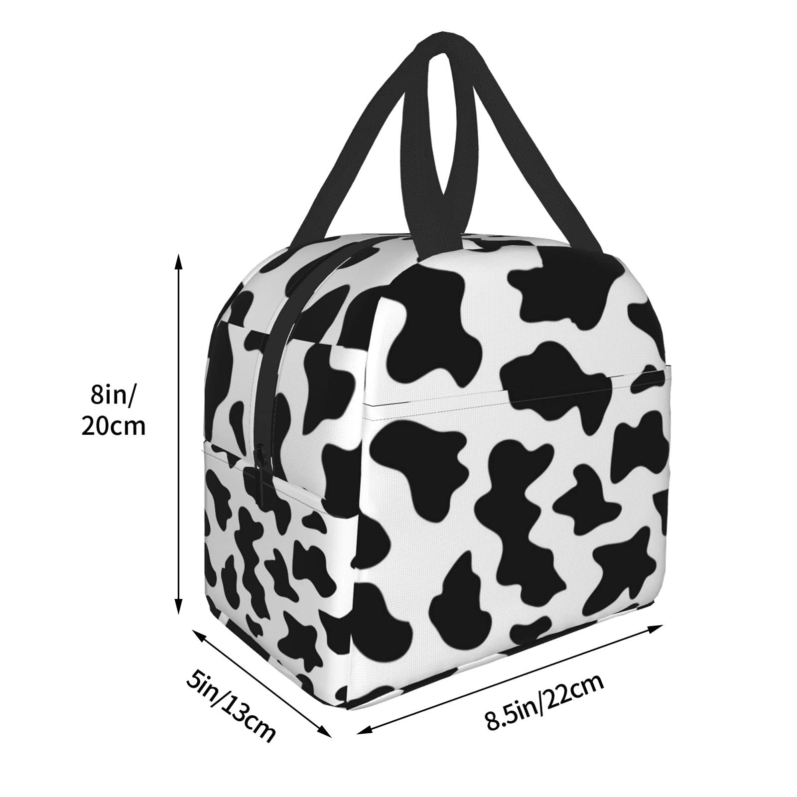 Insulated Reusable Lunch Bag for Women & Men - Cooler Lunch Tote with Front Pocket for Office, Work, Picnic & Travel - Stylish Black Cow Print Design
