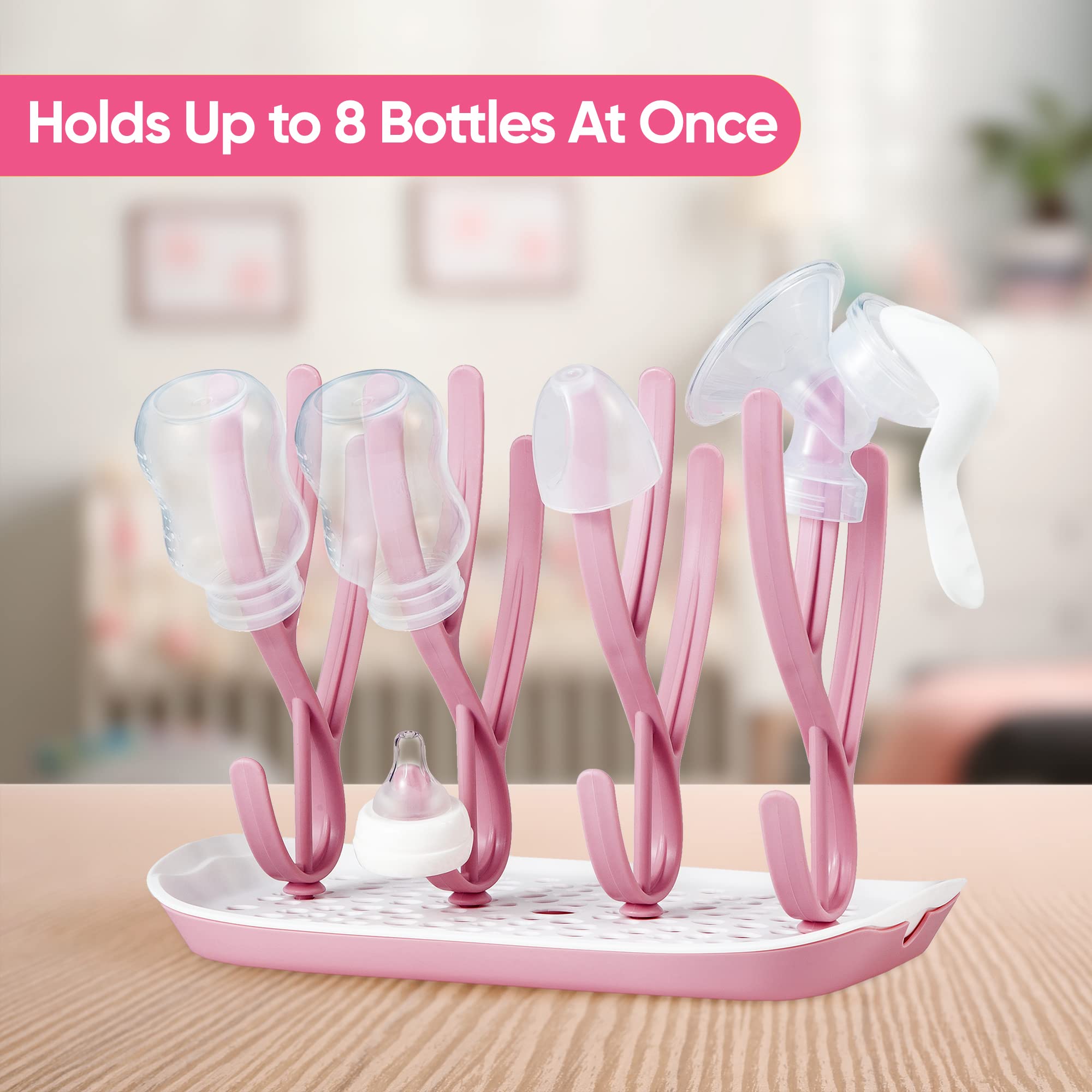 Albert Austin Baby Bottle Drying Rack - 8 Bottle Capacity, Hygienic Air-Dry Storage for Baby Bottles, Nipples, Sippy Cups & Pacifiers | Space-Saving Nursery Organizer | Perfect for Breastfeeding Moms & Daycare Use (Pink)