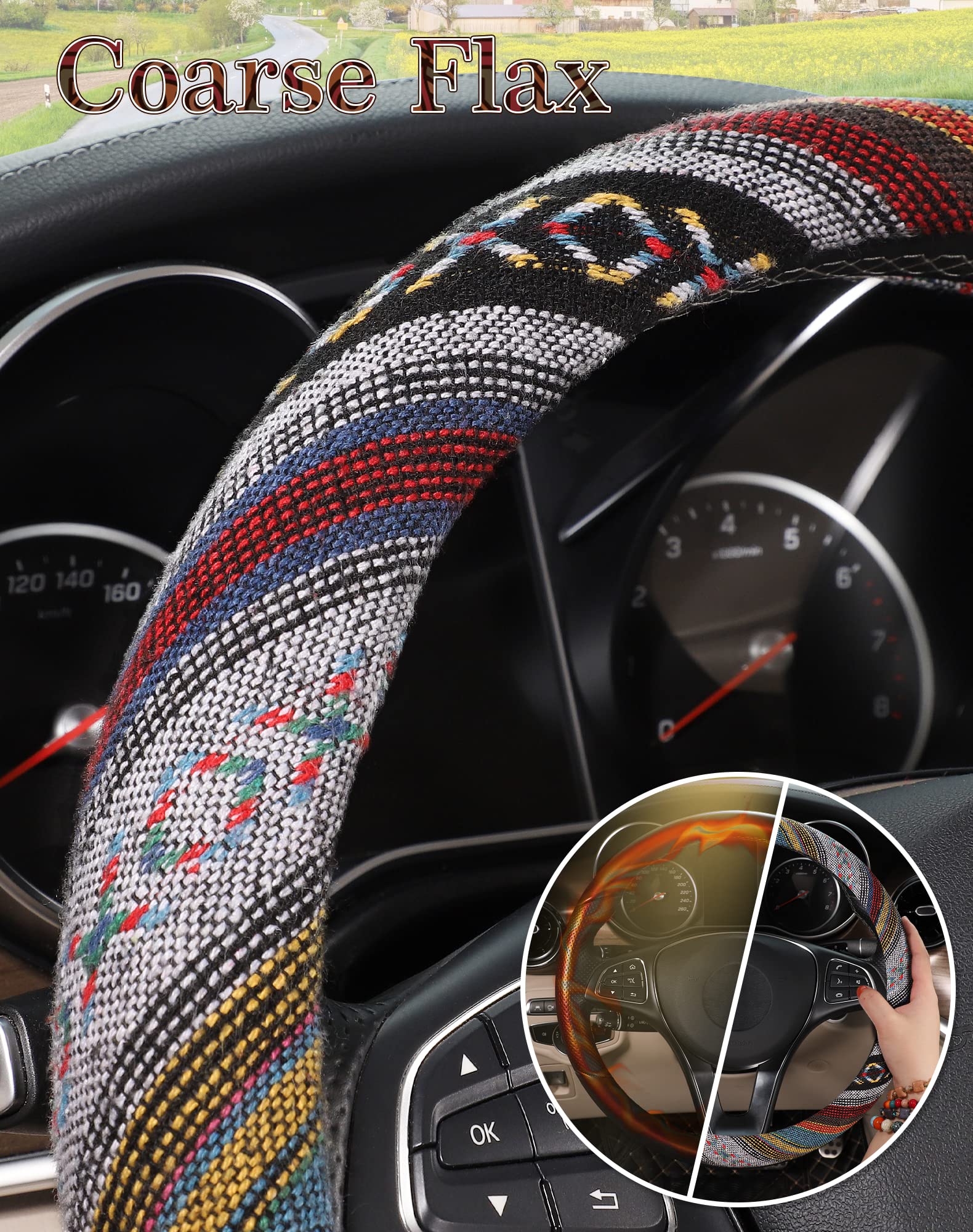 Boho Steering Wheel Cover - Ethnic Style Coarse Flax Car Wheel Cover with Baja Blanket Cloth, Fits 14.5-15.25 Inch Steering Wheels - Perfect for Vintage Cars, SUVs & Road Trips