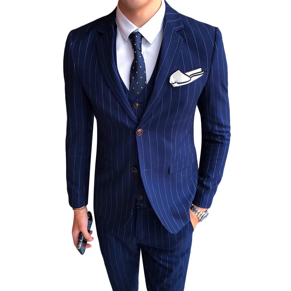Cloudstyle Men's 3-Piece Stripe Suit Set | Slim Fit 2-Button Tuxedo Blazer with Vest & Trousers | Formal Business Attire for Weddings, Prom & Office Events