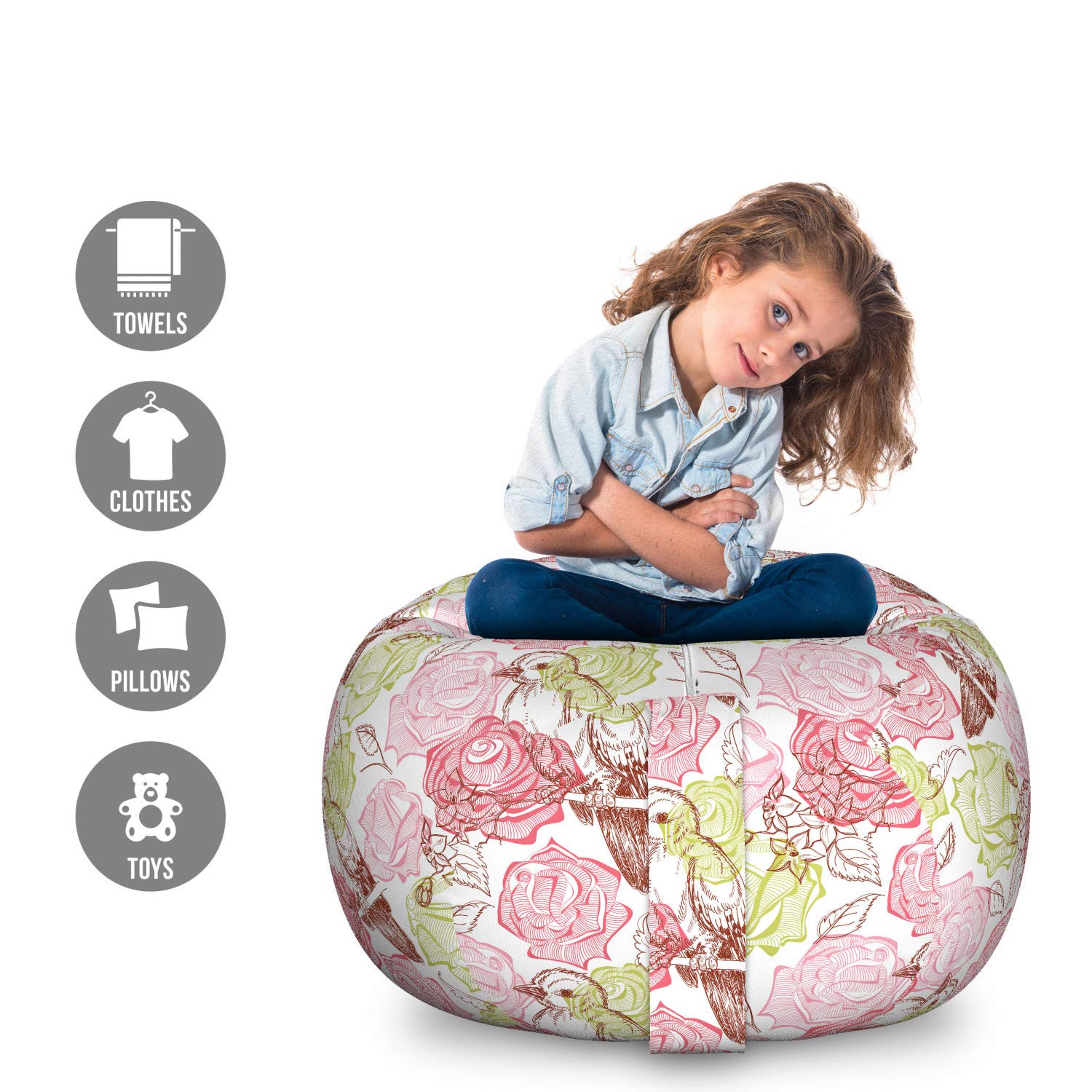 Ambesonne Floral Storage Toy Bag Chair - Large Washable Stuffed Animal Organizer with Bird & Cherry Blossom Design | Kids Room Decor, Playroom Storage, Nursery Organization
