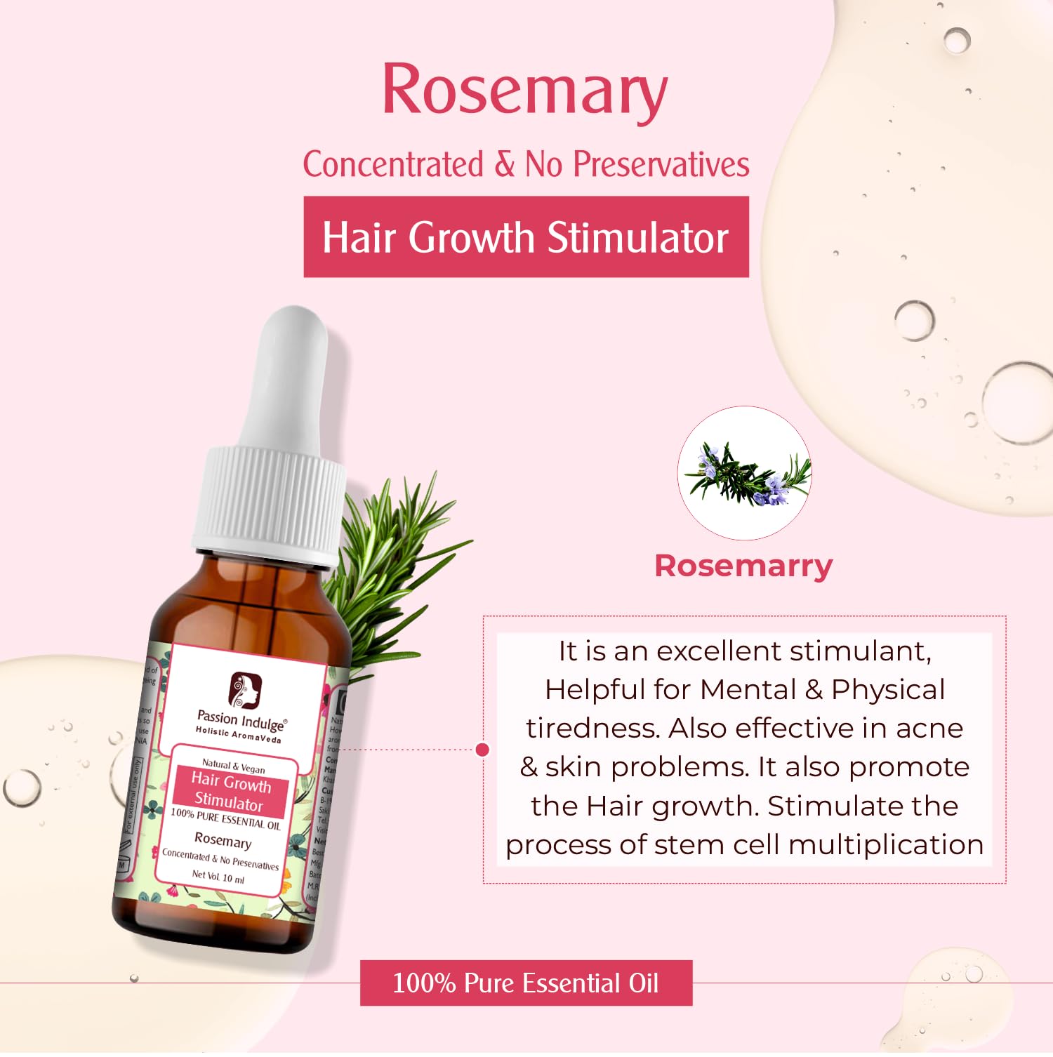 Pure Rosemary Essential Oil for Hair Growth, Skin Care & Aromatherapy | 100% Natural Multipurpose Essential Oil - 10ml | Promotes Healthy Hair, Soothes Skin & Relaxes Mind